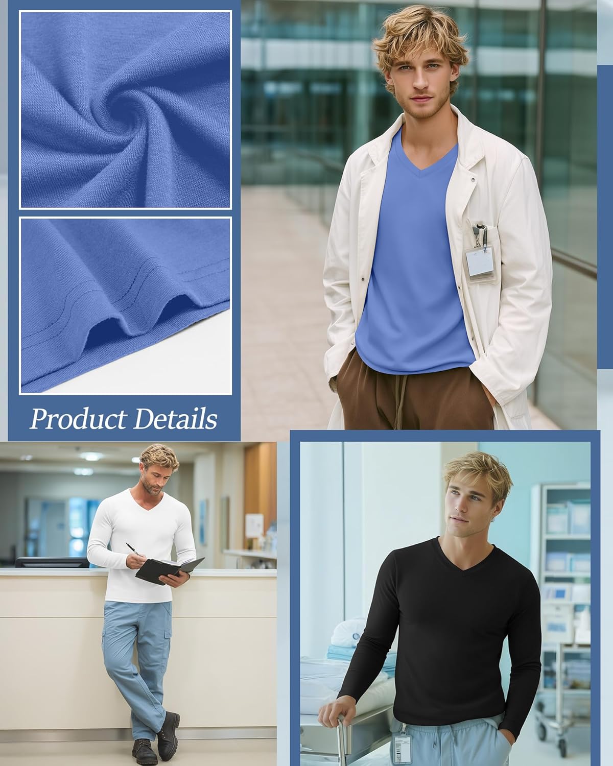 3 Pack Men's Long Sleeve Underscrub Nurse V Neck Scrub Undershirts Fitted Base Layer Tees for Medical Uniforms