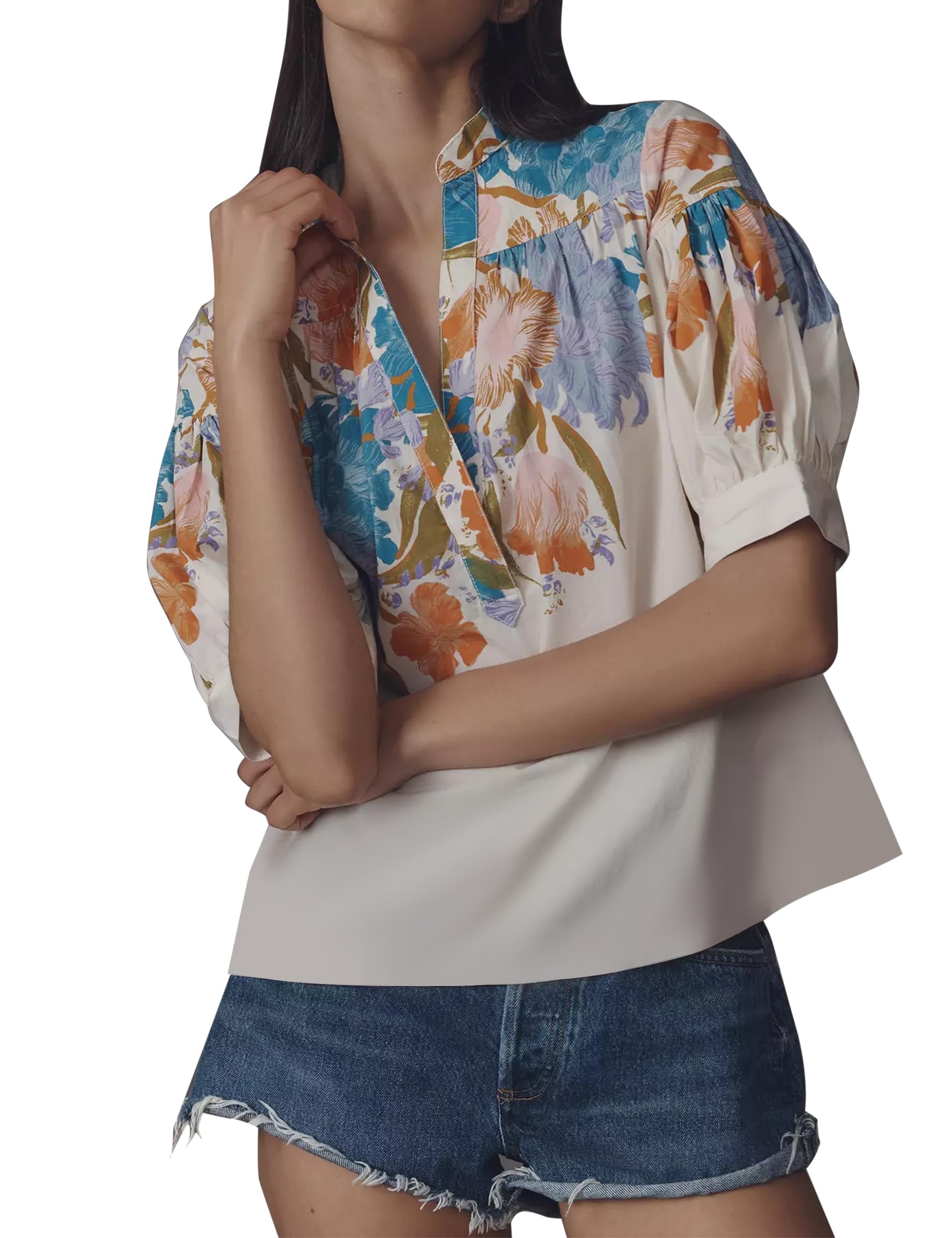 Ymejia Womens Short Puff Sleeve Striped Blouses Top V Neck Loose Fit Casual Summer Work Blouses Striped Shirt