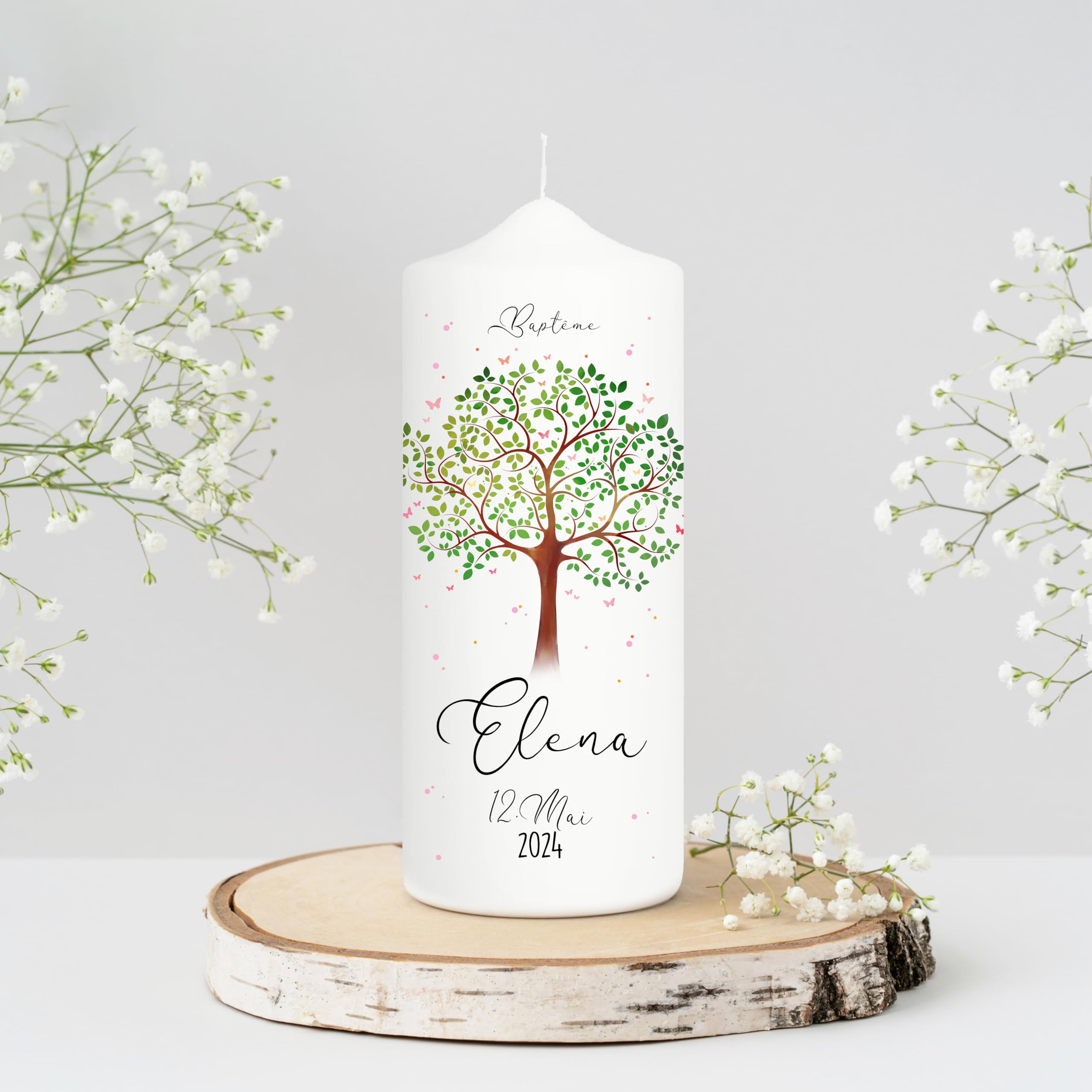 Wandtattoo Loft Cierge de baptême pour garçon et fille arbre de vie, cierge de parrainage 18x7 cm, avec nom et date