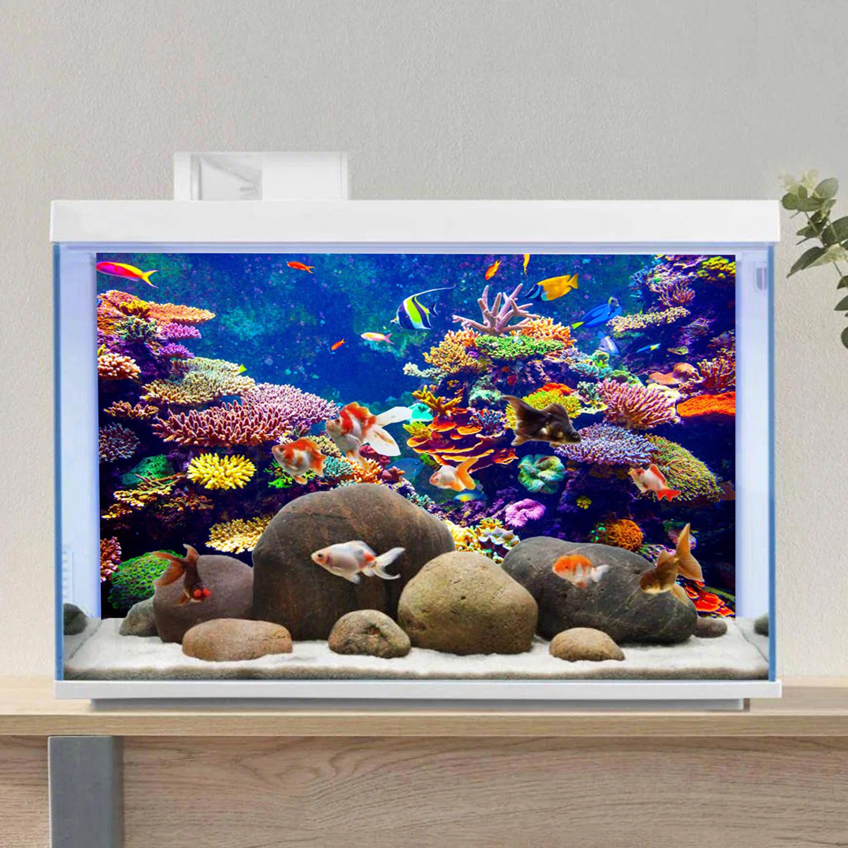 Stof per meter met onderwater paradijs achtergrond koraalrif dieren in het wild natuur collage met haai mantarog zeeschildpad kleurrijke vissen achtergrond #407713647