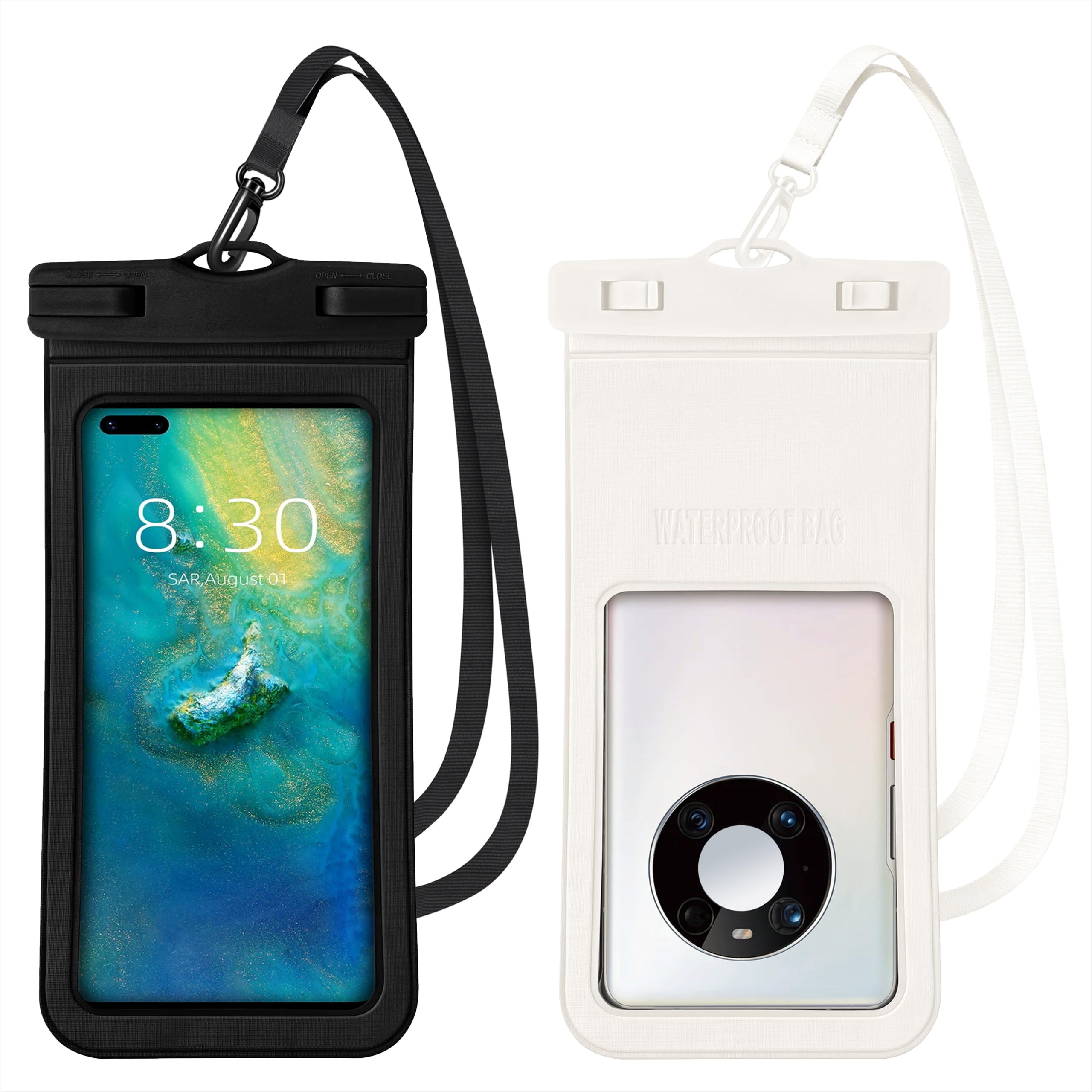 Wodoodporny pokrowiec na telefon komórkowy 2 szt. Wodoodporny pokrowiec na telefon komórkowy z odpinanym sznurkiem na wakacje plażę basen podróż kajakiem do 7,2" czarny + biały