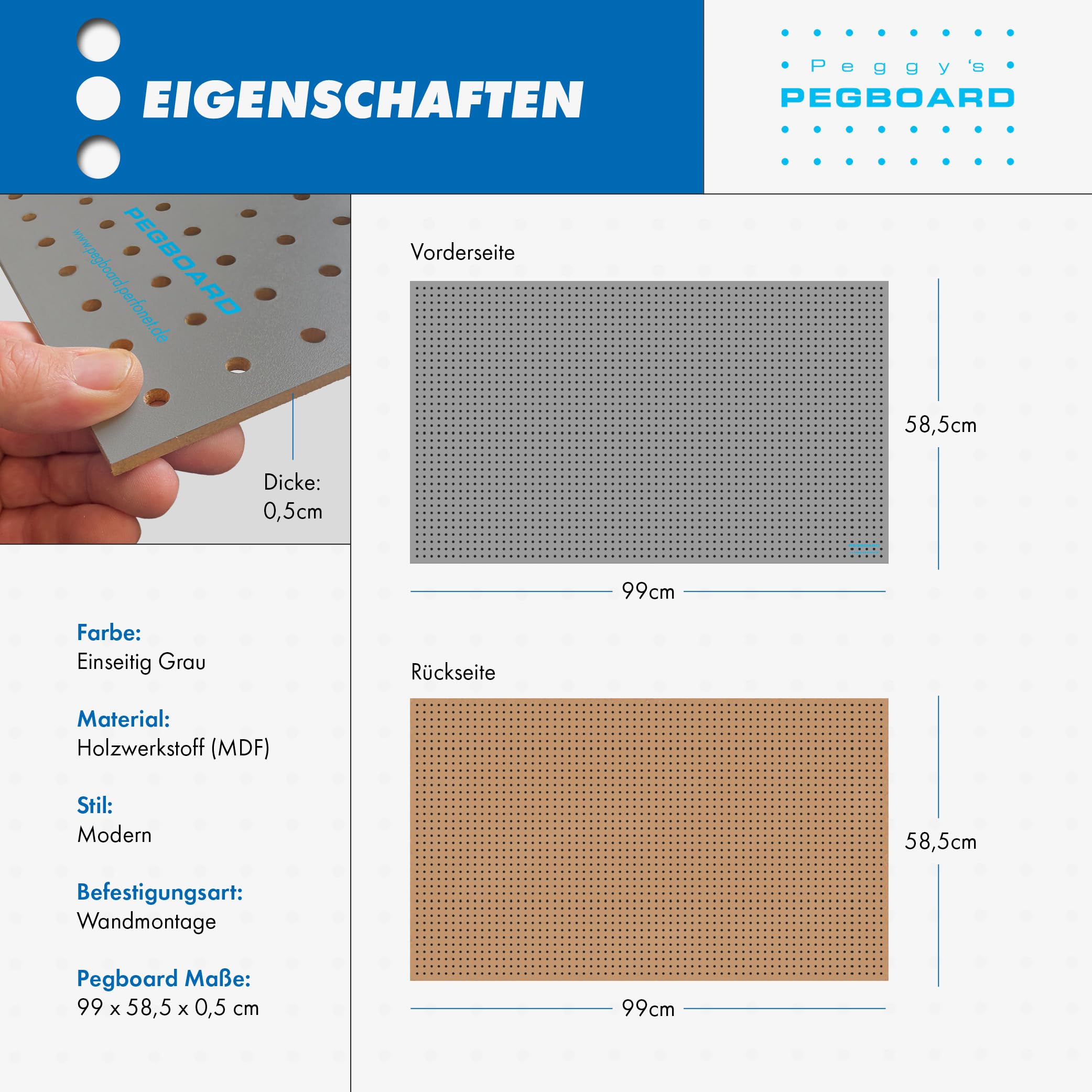 Pegboard Midi 4 St. Werkzeugwand aus Holz (MDF) 99 x 58,5 x 0,4 cm - Lochung Ø5 mm Lochabstand 15 mm - grau lackiert - Made in Germany