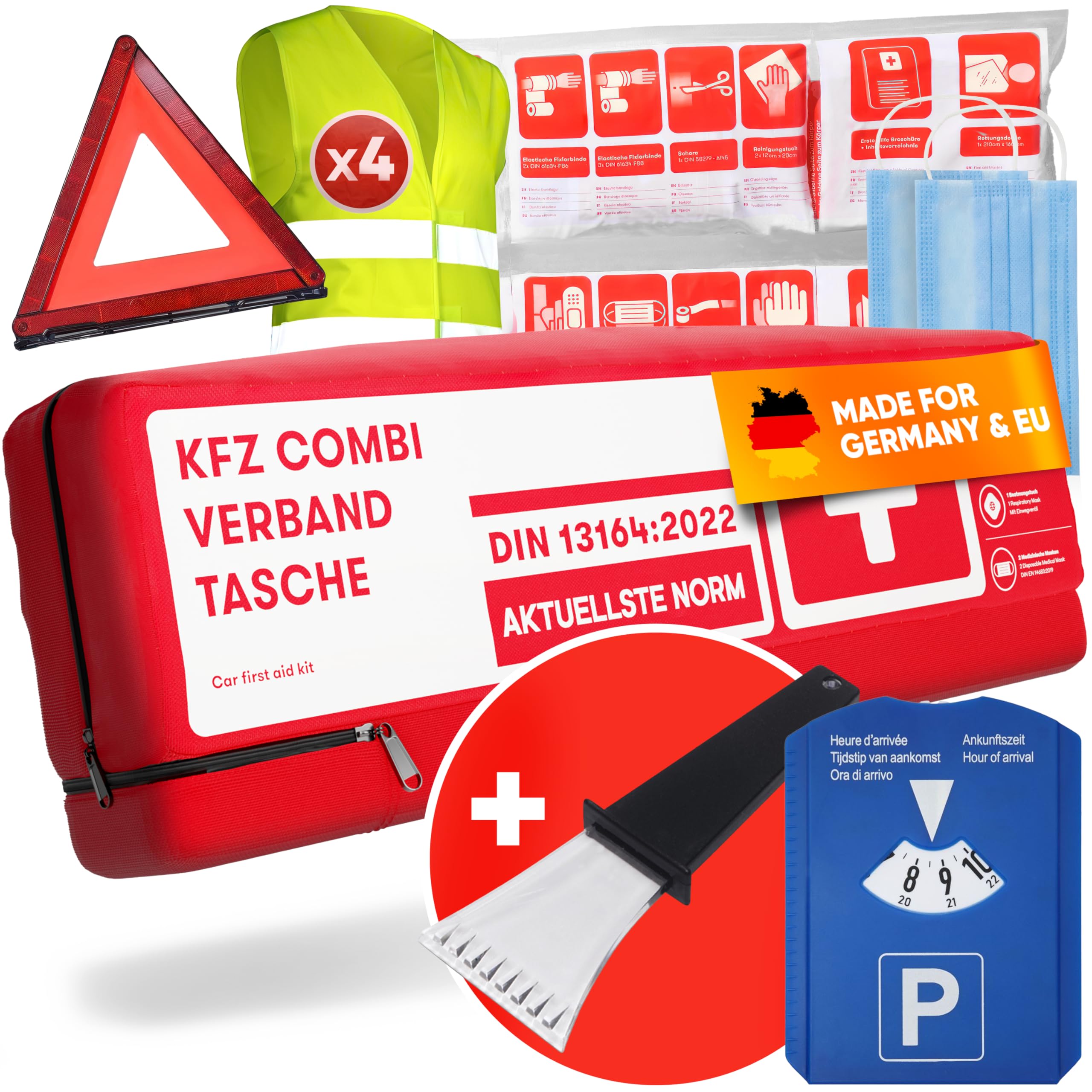 PURAHELP KFZ All-in-One Set - Parkscheibe + Kombitasche + Warnwesten 4er Set + Eiskratzer - Auto Zubehör Must Haves Verbandskasten Auto Warndreieck Erste Hilfe Set