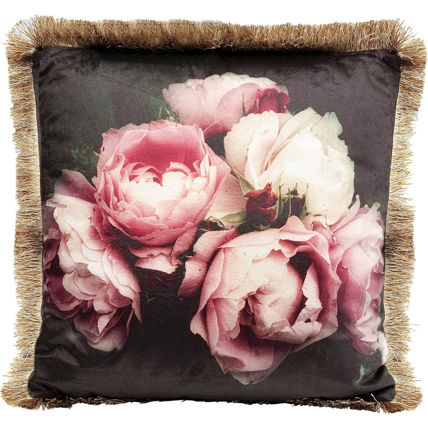 Kare Design Kissen Blush Roses, Sofakissen mit Fransenkanten, Dekokissen, mit Reißverschluss, 45x45cm, 51961, Schwarz/Bunt, 45x45x15cm