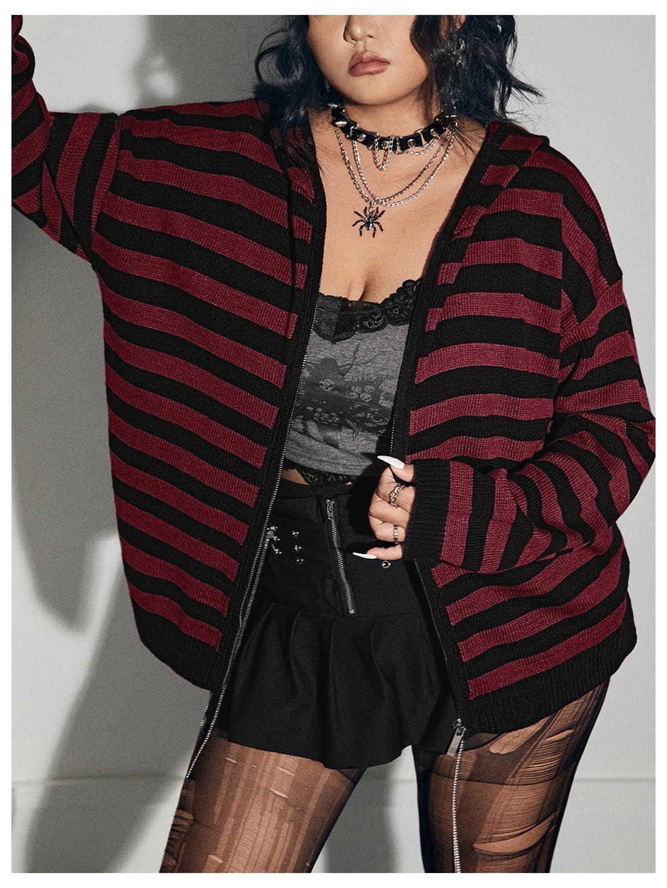 BEAUDRM Women's Plus Size Striped Cardigan Sweater Goth Grunge Zip Up Sweater Hoodies Long Sleeve Drop Shoulder Hoodie: XX-Large Plus Burgundy