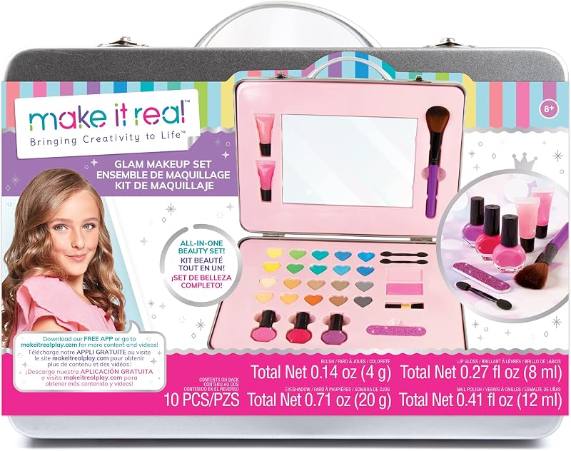 Make It Real: Glam Makeup Set - 10 Piece Travel Hard Case, Tweens & Girls, All-in-One Cosmetic & Beauty Kit, Includes Instrumental Dream Guide for Inspiration, Nails-Lips-Face, Kids Ages 8+