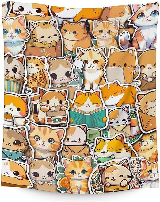 Cat Blanket Gifts - 60"x80" Cute Throw for Kids & Adults - Yellow Soft Fuzzy Blankets for Bed, Couch & Living Room