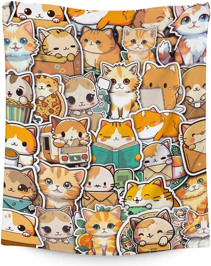 Cat Blanket Gifts - 60"x80" Cute Throw for Kids & Adults - Yellow Soft Fuzzy Blankets for Bed, Couch & Living Room