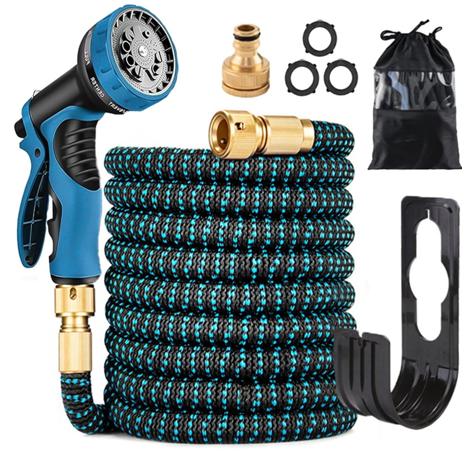 LINGKY Manguera Extensible 30M, Manguera Jardin con Pistola Rociadora de 10 Funciones, Conectores de Latón de 3/4",1/2" Flexible y Resistente Sin Enredos Ideal para Jardinería y Hogar (30M,Azul)