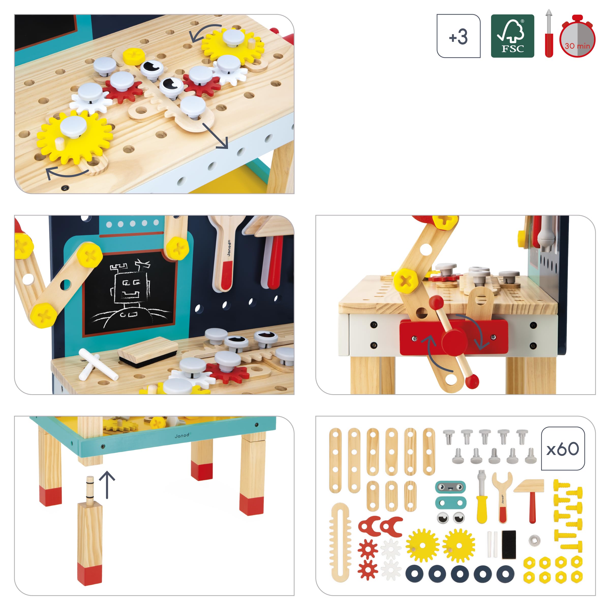 Janod - Mon Premier Jeu de Construction - Grand Établi Robot - Jeu de Bricolage Enfant - 50 Pièces - Hauteur Ajustable - Imitation - 3 Ans + - J06457