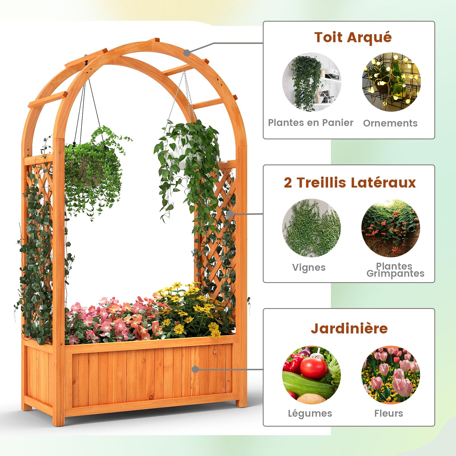 GOPLUS Jardinieres Exterieur en Bois Sapin, Jardiniere Treillis Surélevée en Arc avec Doublure et Système de Drainage, Panneau Amovible pour Vigne Rampante Fleur Légume, Idéal pour Intérieur Extérieur