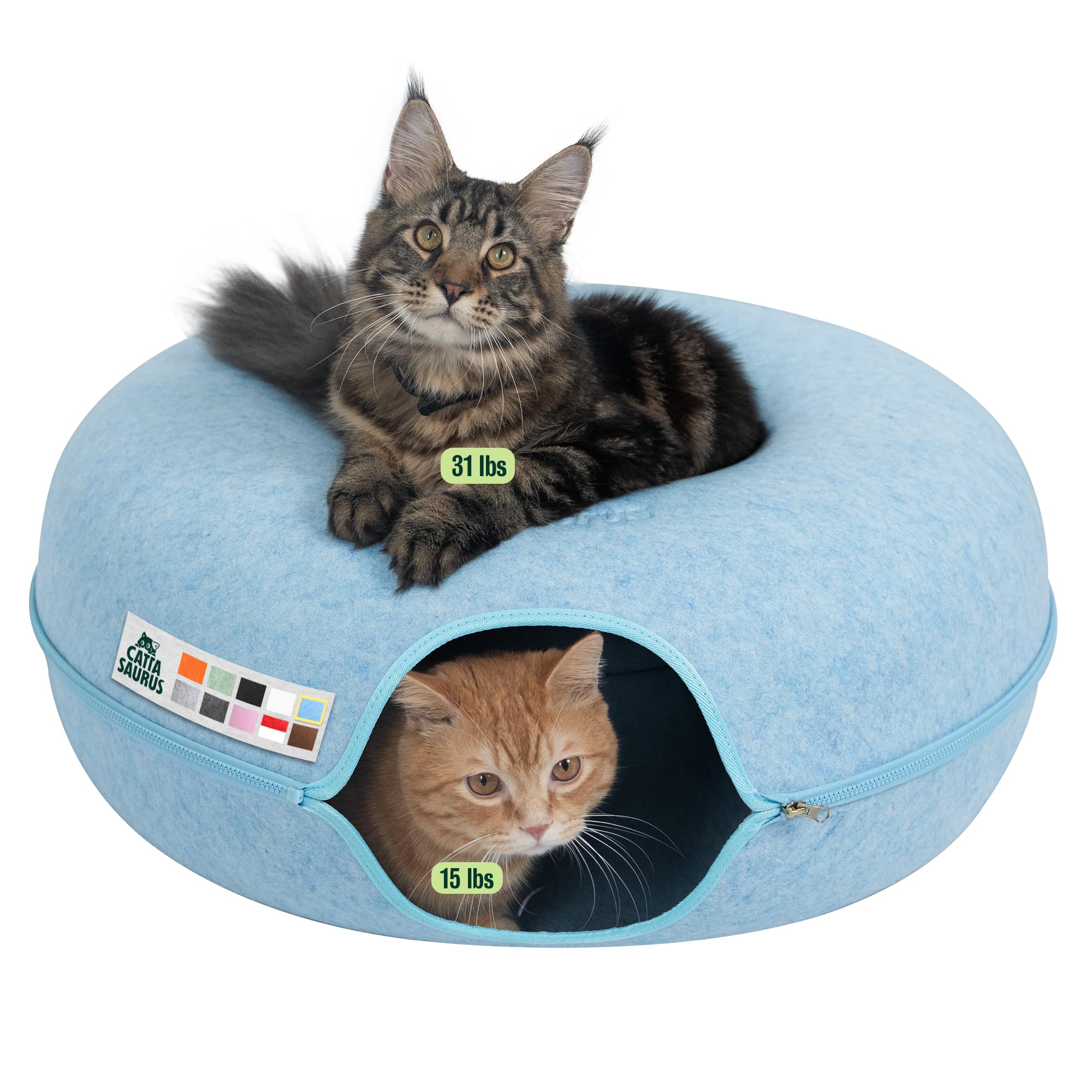 Cattasaurus Peekaboo Cat Cave Donut for Multiple &amp; Large Cats up to 30-45 lbs, 3-in-1 Self Warming Cat Bed, Tunnel &amp; Scratcher for Indoor Cats, Washable &amp; Detachable Small Dog Bed (Blue, Jumbo)