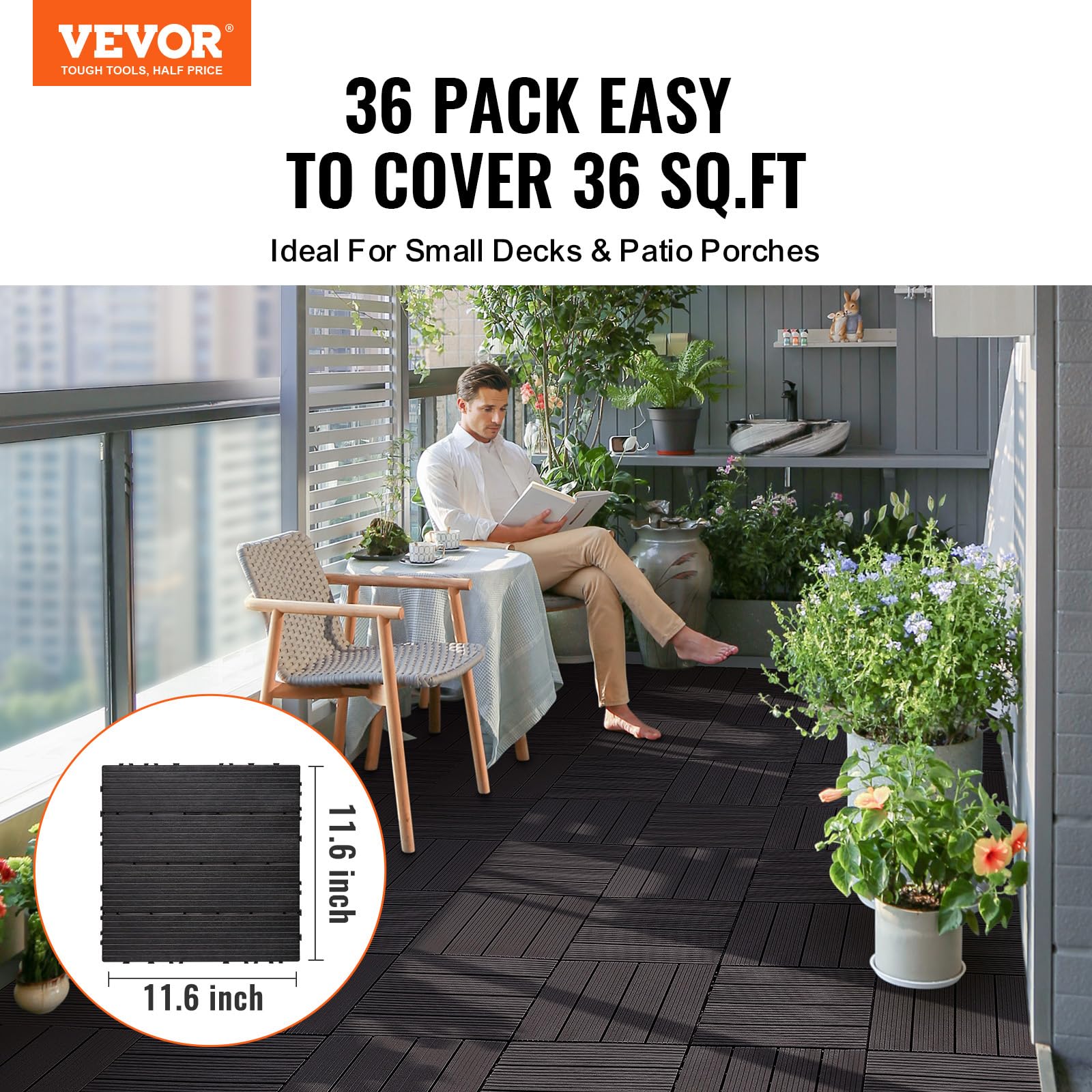 VEVOR Piastrelle per Patio ad Incastro 36 Pezzi 300 x 300 x 20 mm, Piastrelle Impermeabile in Plastica, Piastrelle per Tutte Le Condizioni Atmosferiche, per Portico Piscina Cortile, Marrone Scuro