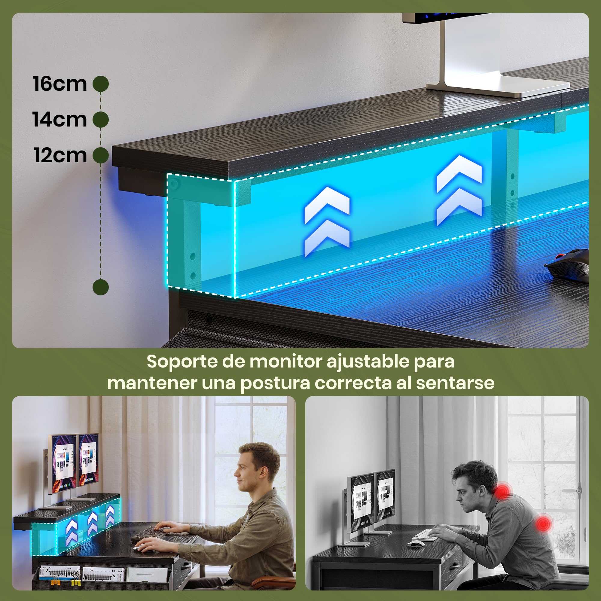 Escritorio con Luces LED y 2 Cajones, 100x50 cm Mesa Gaming con Soporte para Ganchoy Bolsa Lateral, Escritorio RGB con Gancho para Oficina en Casa, Oficina y Habitación Juvenil, Negro