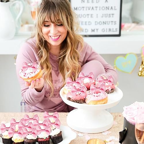 Miniatura 8 de Rsstarxi 24 piezas de moños de Minnie Mouse para cupcakes para baby shower, con moño, temática de Minnie Mouse, decoración de pasteles para niños y