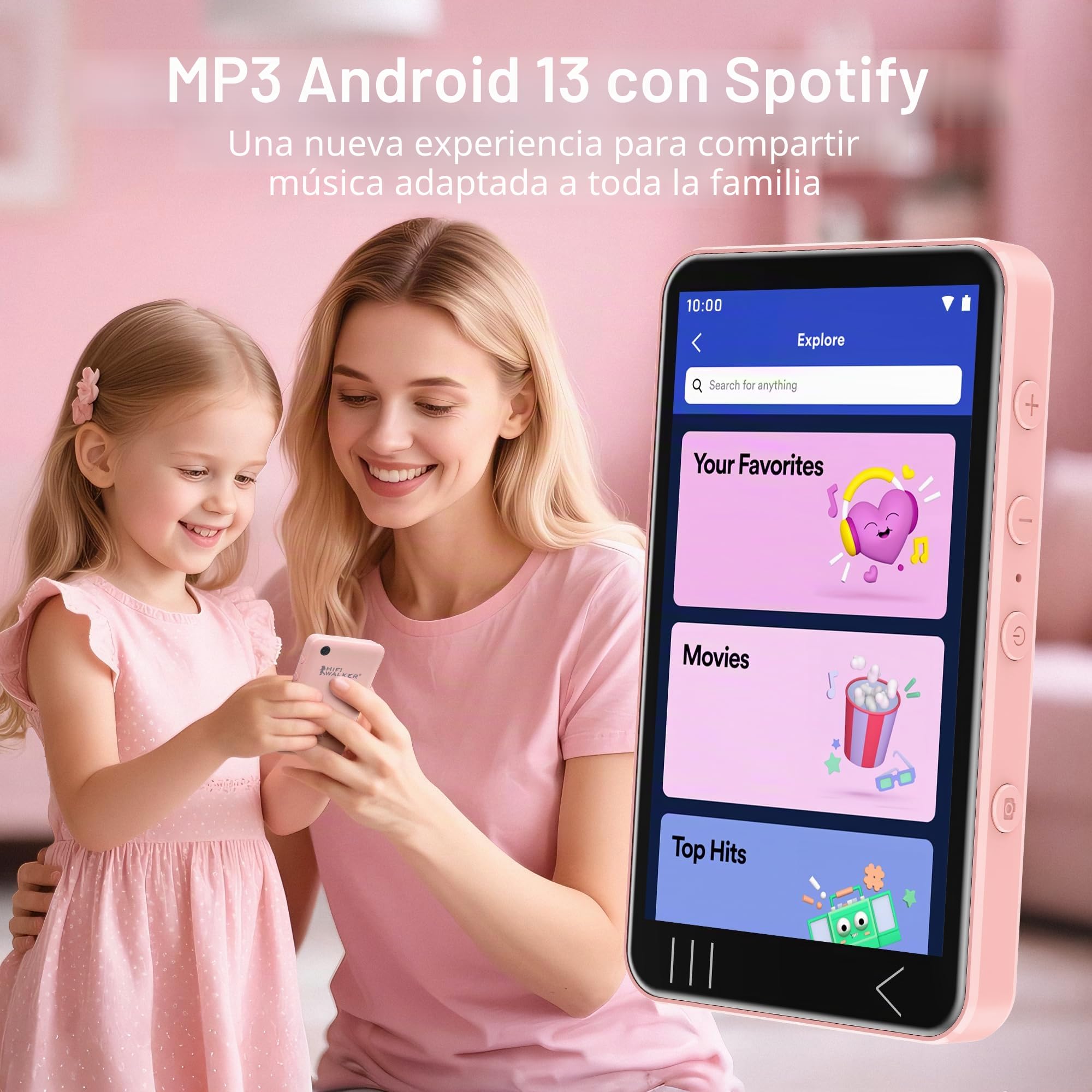 HIFI WALKER G7 Reproductor MP3 Bluetooth y WiFi Android 13, 144GB, 3GB RAM, Pantalla Táctil HD de 4", MP3/MP4 con Altavoz, Cámara y Control Parental (Rosa)