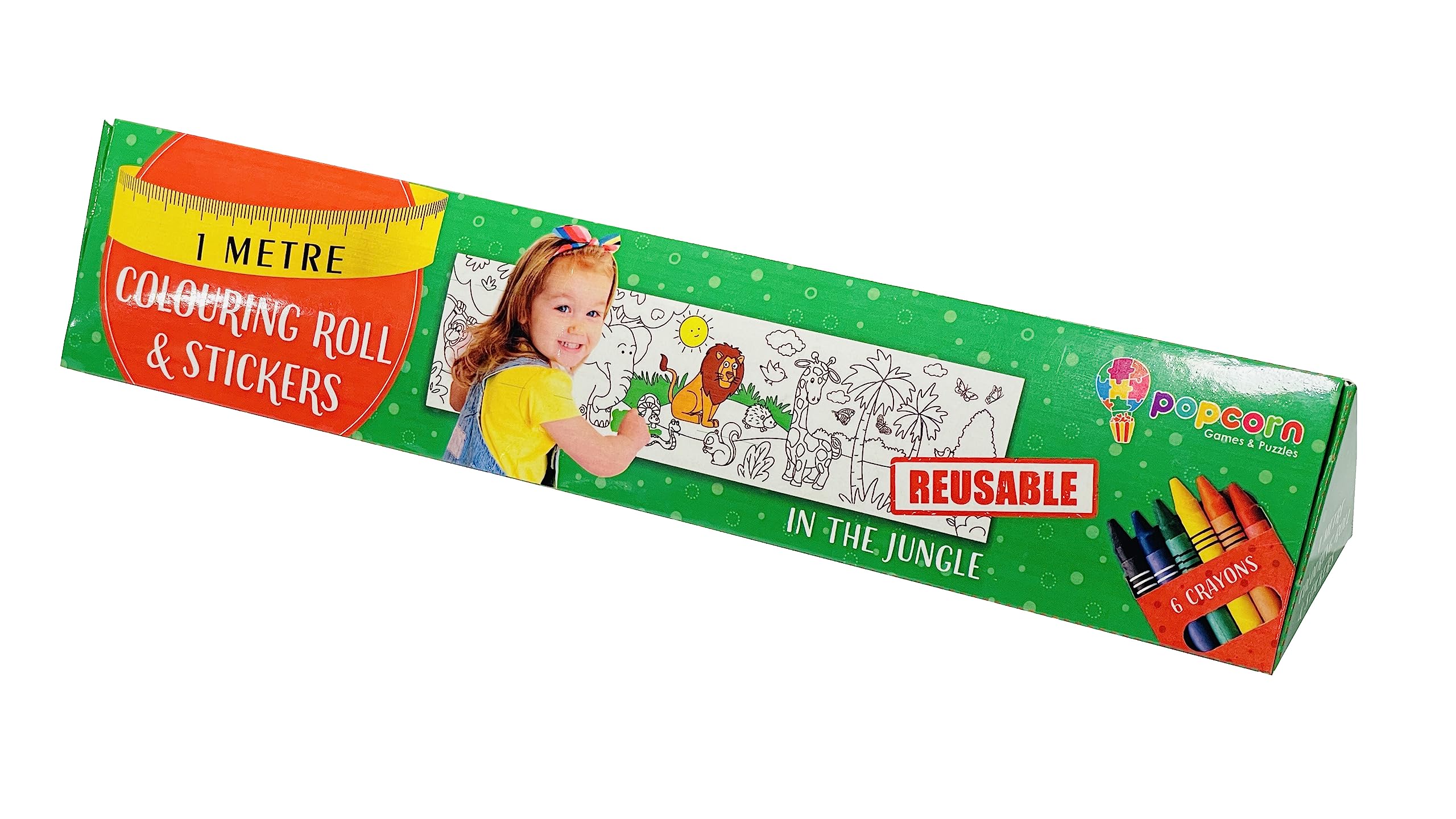 Popcorn Games & Puzzles Kid 1 Metre Reusable Colouring Rolls & Stickers with Crayons Featuring Unicorn|Fun, Easy Wipe & Clean Wall Colouring Rolls