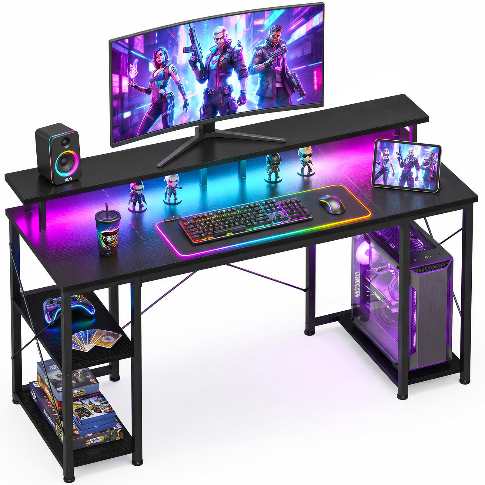 ODK 48 inch Gaming Desk with LED Lights, Computer Desk with Monitor Stand & Storage Shelves, CPU Stand, Home Office Desk, Black