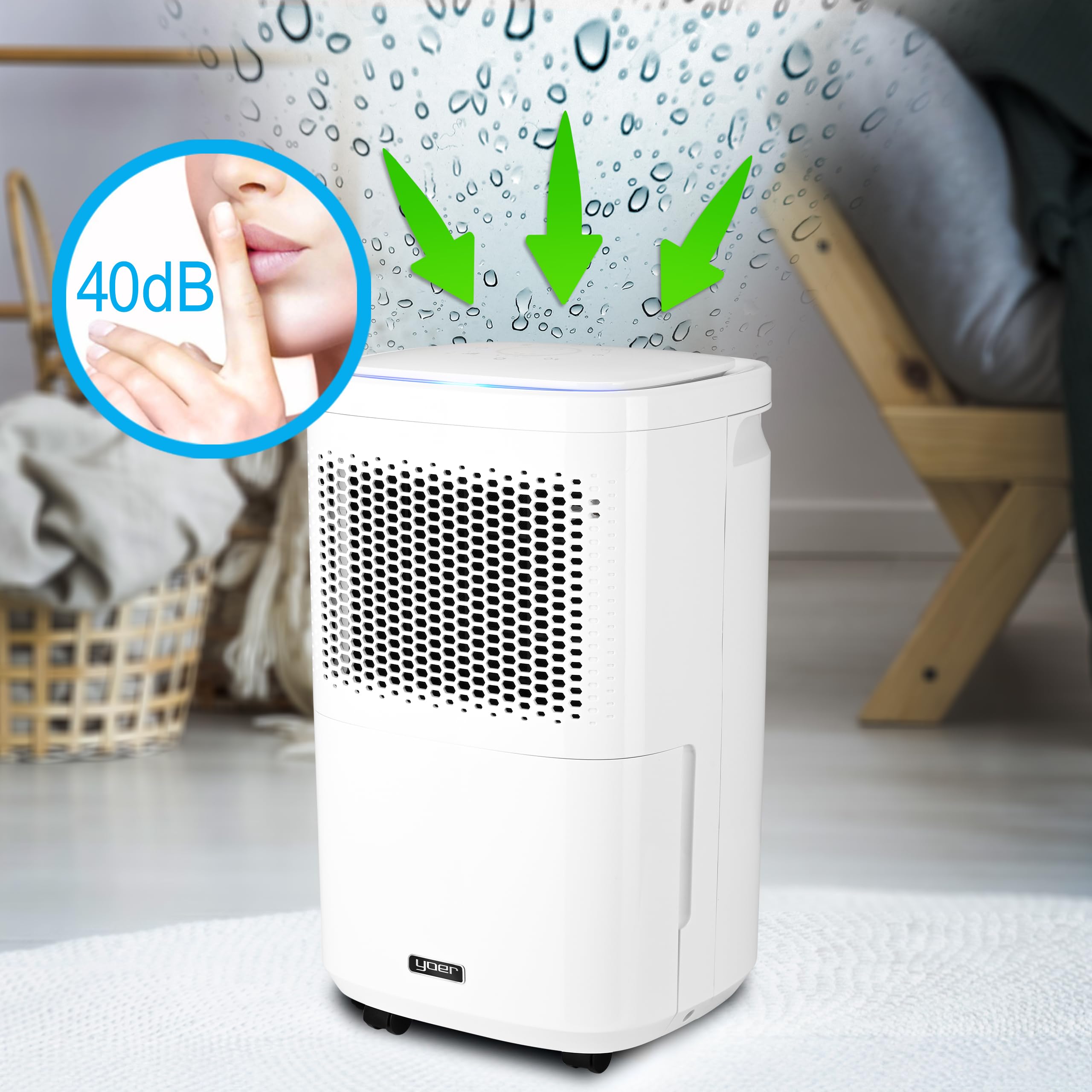 Yoer Dryo DE02W, Osuszacz powietrza 210W, Pochłaniacz wilgoci, Oczyszczacz powietrza, 12l/24h, Aromaterapia, 24 godzinny programator czasowy, Cichy, Wskaźnik LED, Wi-Fi, Biały