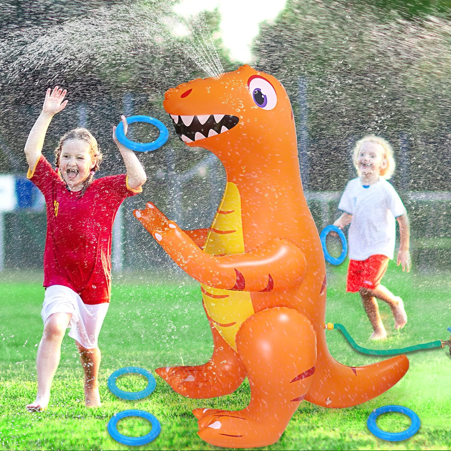 Dinosaur Sprinkler for Kids 55’’ Inflatable Dinosaur Toys for Pool Party Decorations with 5 Ring Toss, Spray Dino Outdoor Yard Games Toys Water Splash Dinosaur Birthday Party Gift for Kids