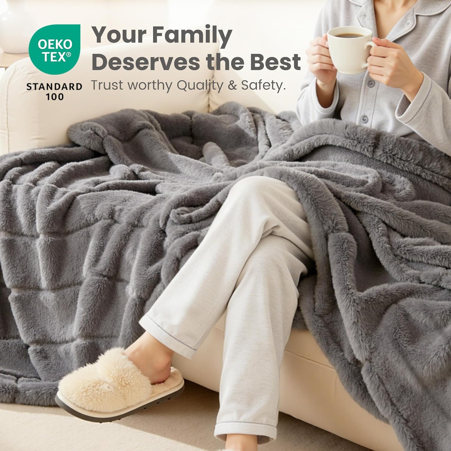 Sophia & William Grey Faux Rabbit Fur Throw Blanket, Micro Mink Dual-Sided Cozy Soft Blankets, Plush Fuzzy Fluffy Blanket for Couch Bed Sofa, Machine Washable, Queen(90" x 90") - Image 4