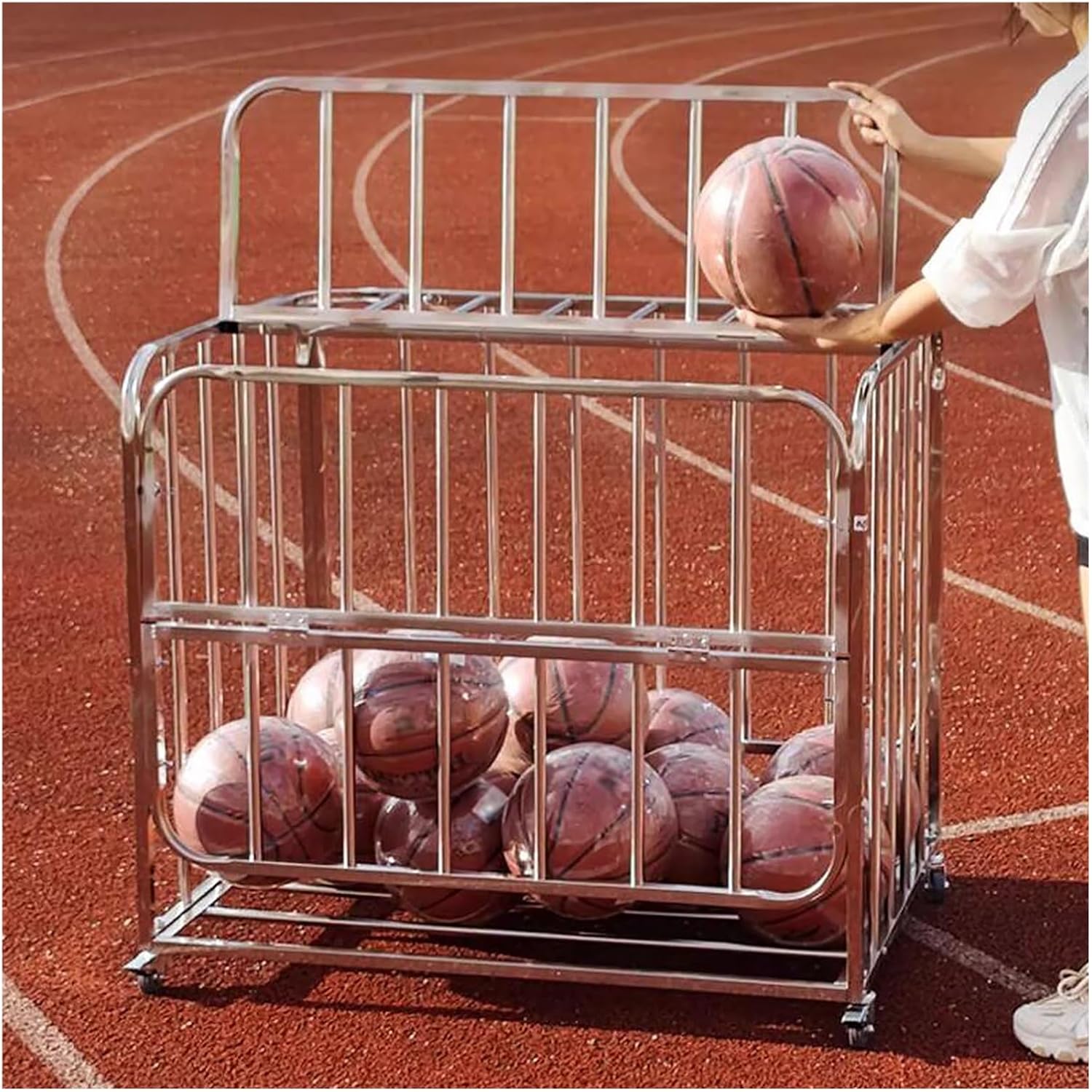 Side Opening Door Ball Storage Cart, Rolling Basketball Football Volleyball Organizer Cage with Swivel Casters, for Gym School Club, Heavy Duty Stainless Steel,