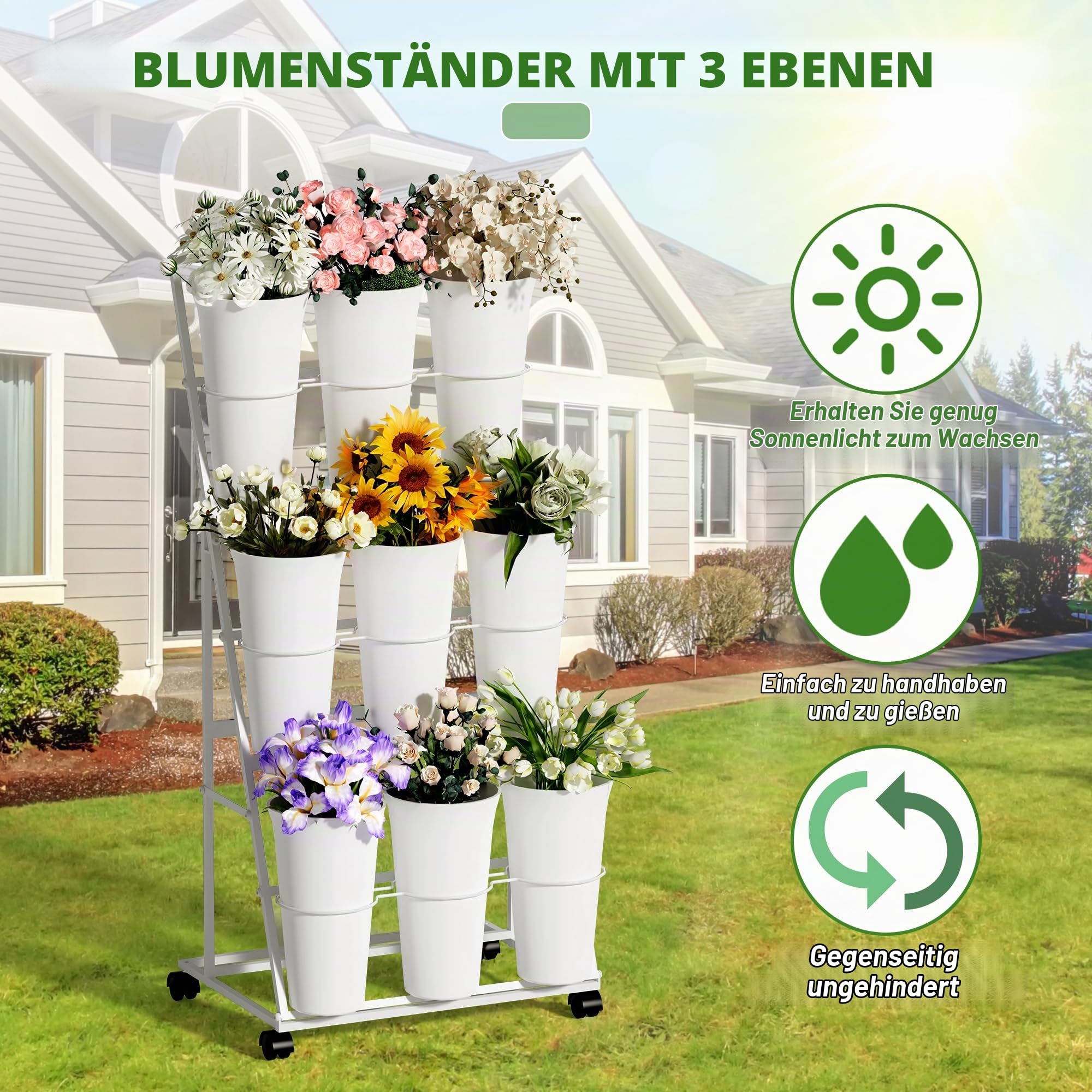 Alyoen Blumenständer mit Rollen und Eimern, 3 Etagen Blumenständer aus Metall mit 9 Eimern, Mobiler Pflanzenständer für Innen- und Außenbereiche, Hochzeiten, Blumenläden, Garten (Weiß)