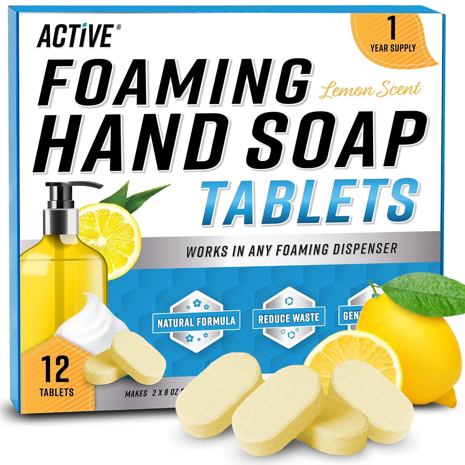 Foaming Hand Soap Tablet Refill - 12 Pack Eco Friendly Hand Wash Tablets, Zero Waste Handwash Concentrate - Equivalent To 96 Fl Oz Of Liquid (Fills 12 X 8 fl oz Refillable Foam Dispenser) - Lemon Scented