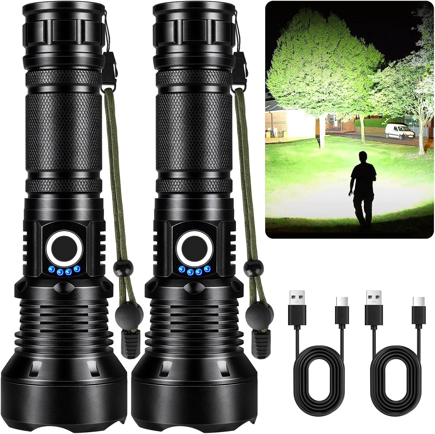 2-Pack KINGCAESAR Rechargeable LED Flashlights, 90,000 Lumens, Waterproof 2-Pack KINGCAESAR Rechargeable LED Flashlights, 90,000 Lumens, Waterproof