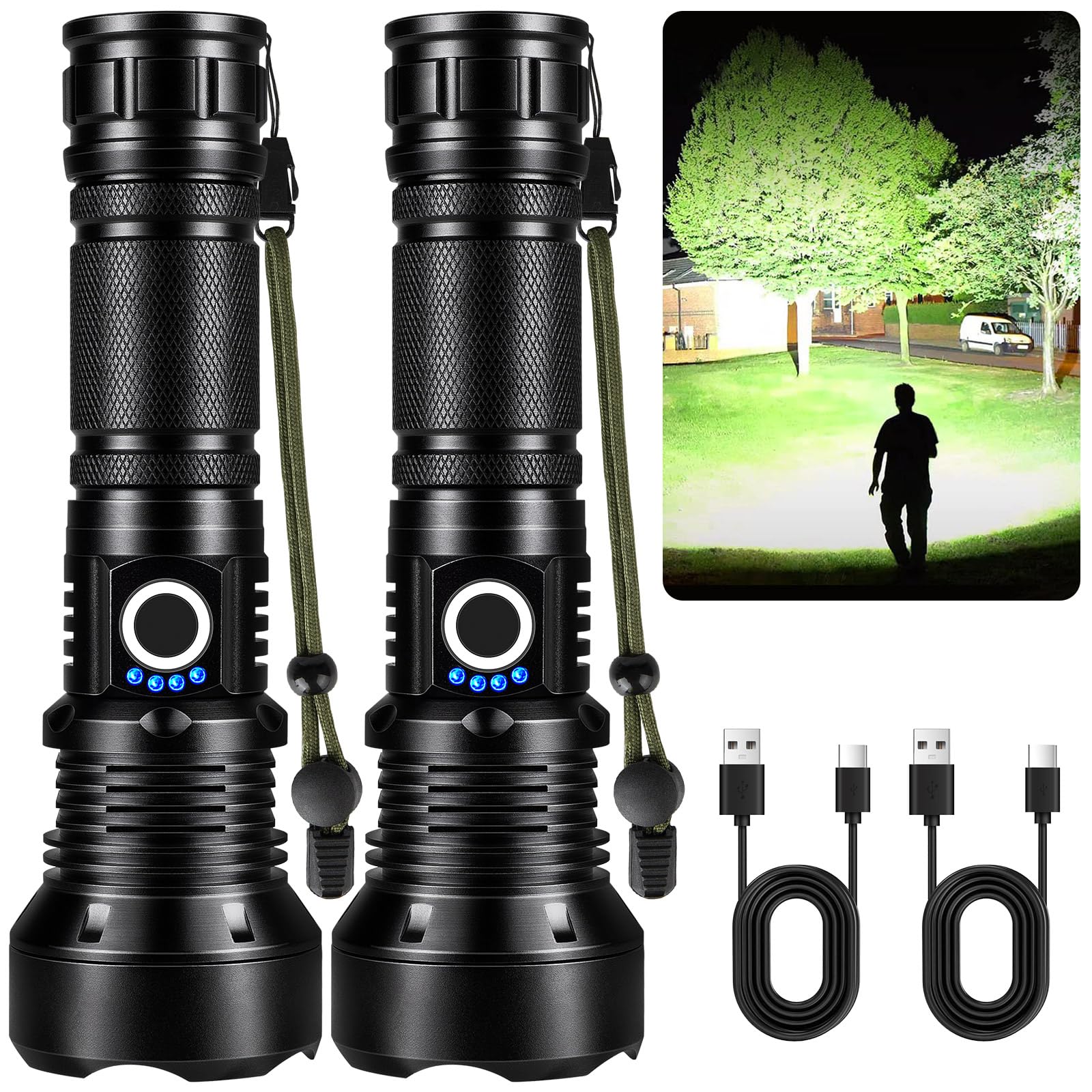 KINGCAESAR Flashlights High Lumens Rechargeable, 2 Pack 90,000 Lumens Super Bright Flashlight, 5 Modes LED Flashlight, IPX7 Waterproof Powerful Flash Light for Home, Outdoor Activities