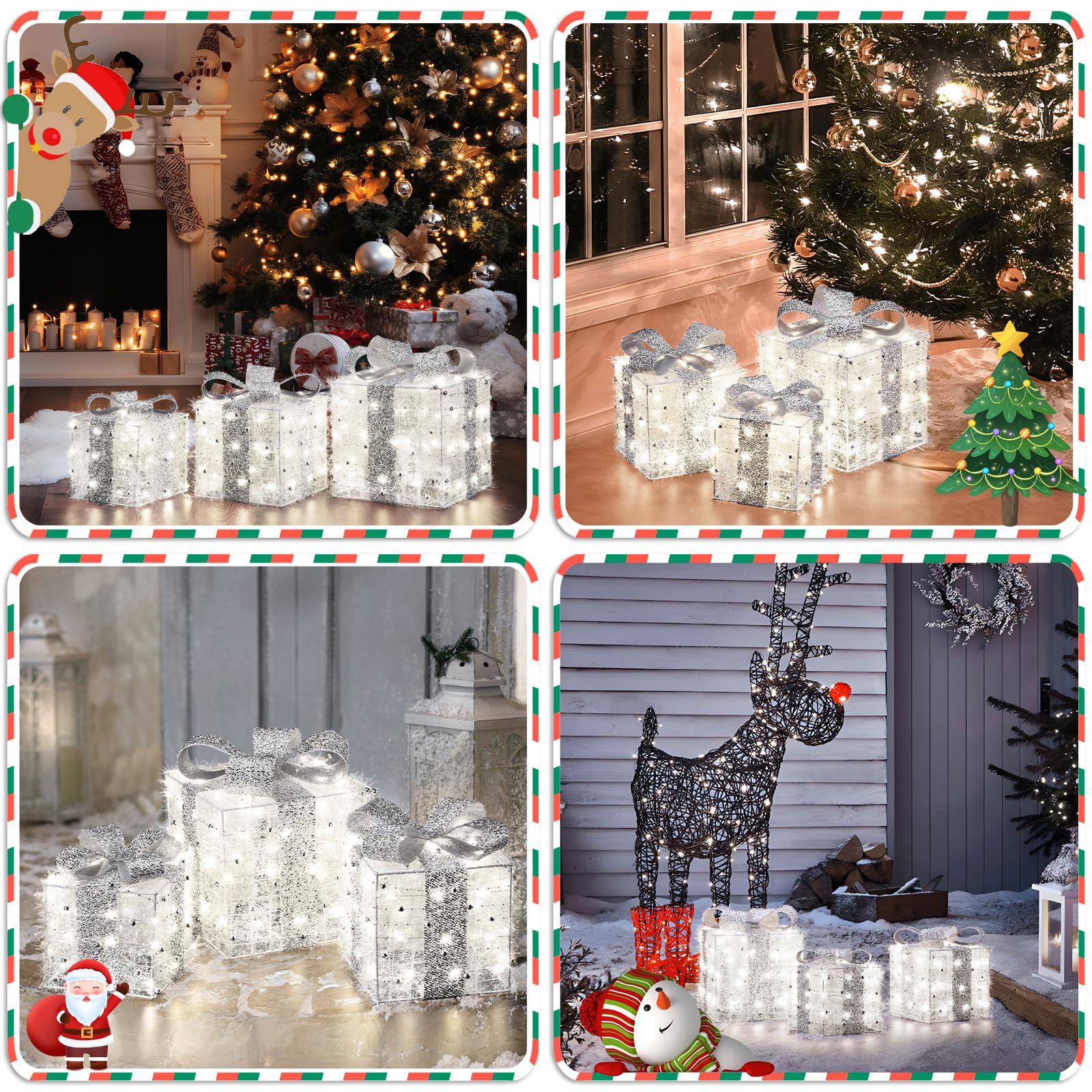 Boîtes Cadeaux Lumineuses de Noël avec 140 LED, Lot de 3 Boîtes de Noël avec 8 Modes Impermeable Con Memoria,Boîte Cadeau de Ruban de Tissu en Peluche avec Plug(Blanc Chaud)