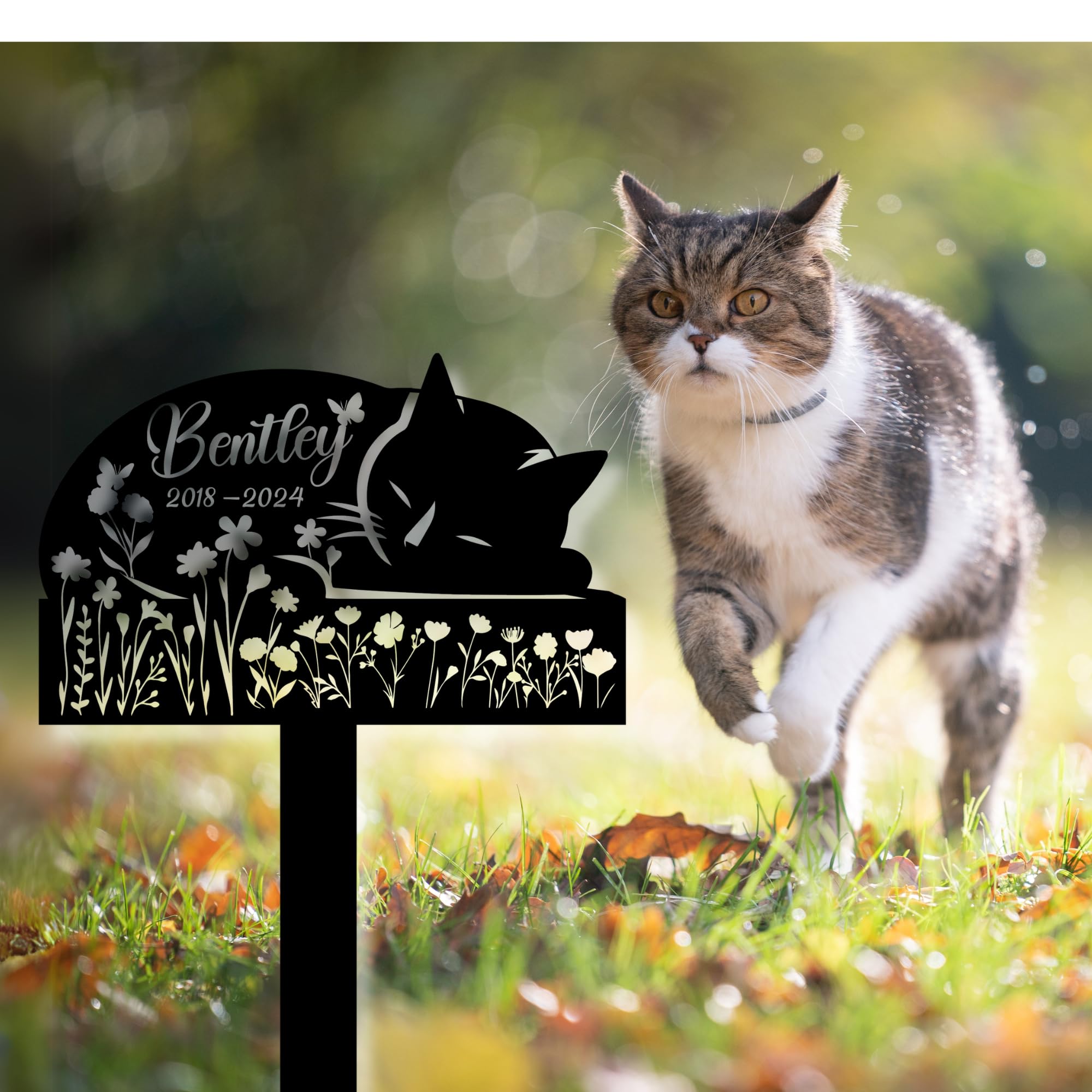 Nestura Sleeping Cat Grave Markers Outdoor, Weatherproof Metal Pet Headstone with Name & Date, Outdoor Grave Marker for Cats – Variety of Sizes & Finishes