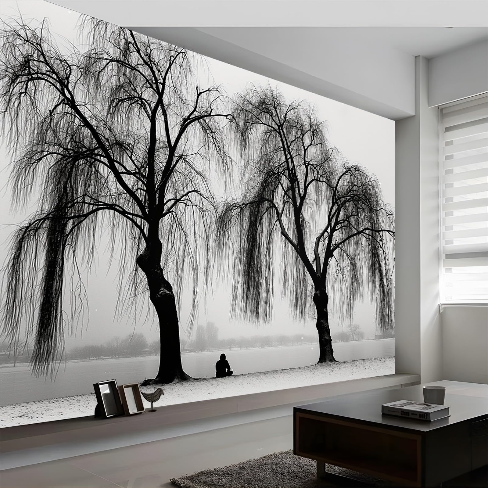 Tapeta 350 x 256 cm, tapeta z włókniny, proste drzewo, wierzba płacząca, dekoracja, wodoszczelna, folia ochronna na ścianę, do sypialni, salonu, fototapeta, czarno-biała, wraz z poradnikiem do