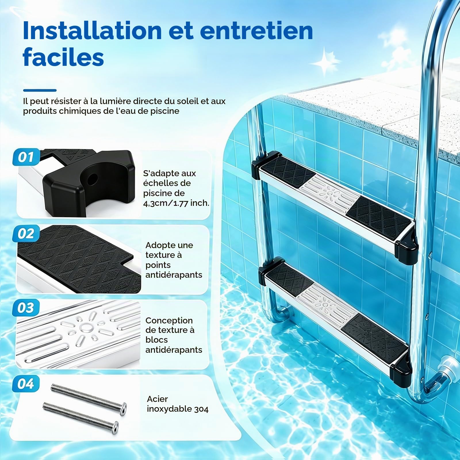 Marches D'échelle De Piscine, Lot De 2 Marches Antidérapantes Marche De Remplacement en Acier Inoxydable Pédale D'échelle Universelle Accessoire Antidérapant Pièces De Piscine