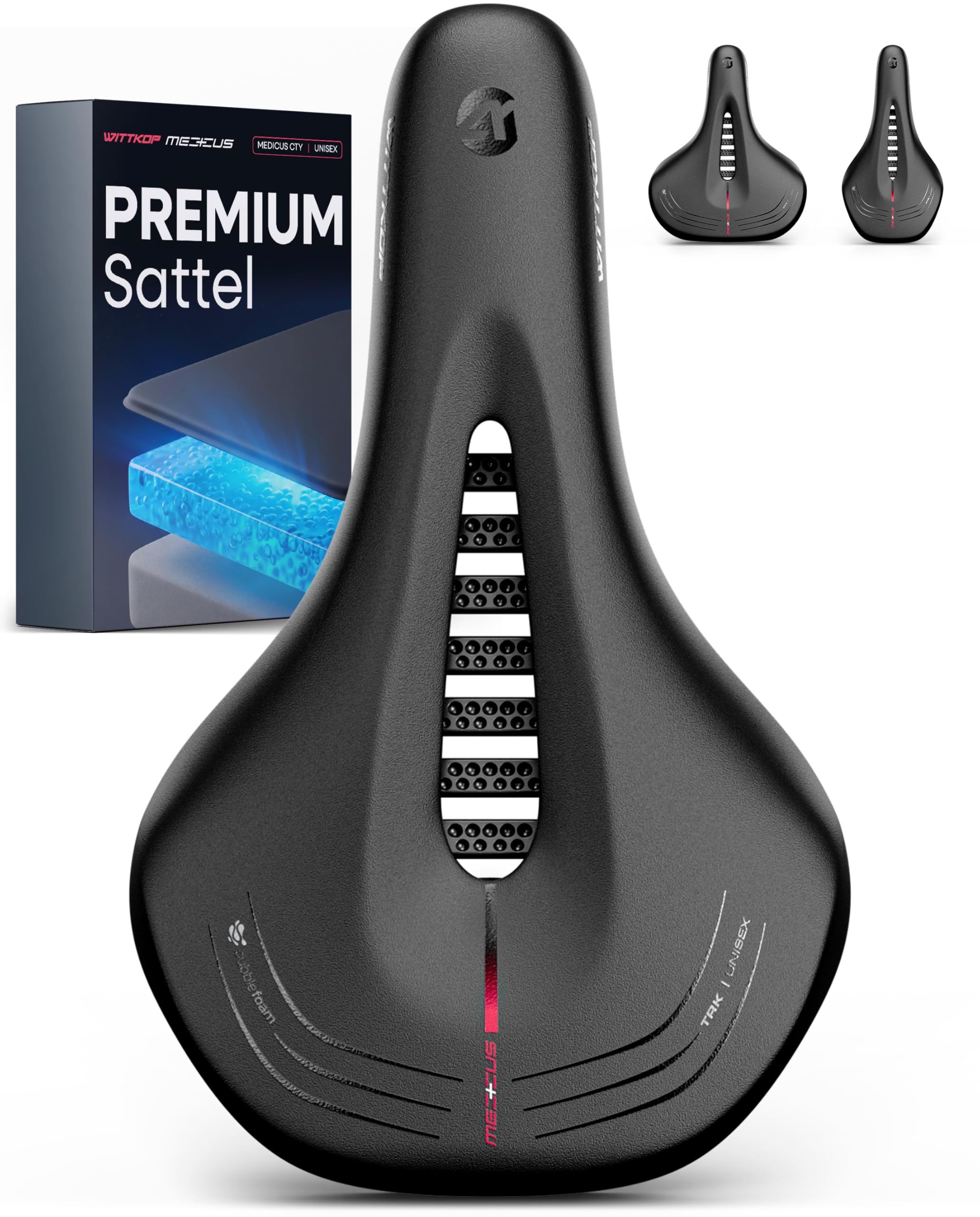 Wittkop Sillín de bicicleta para hombre y mujer, cómodo sillín de gel con suave acolchado de espuma de burbujas, asiento ergonómico para bicicleta eléctrica, ciudad, trekking, MTB, resistente al agua
