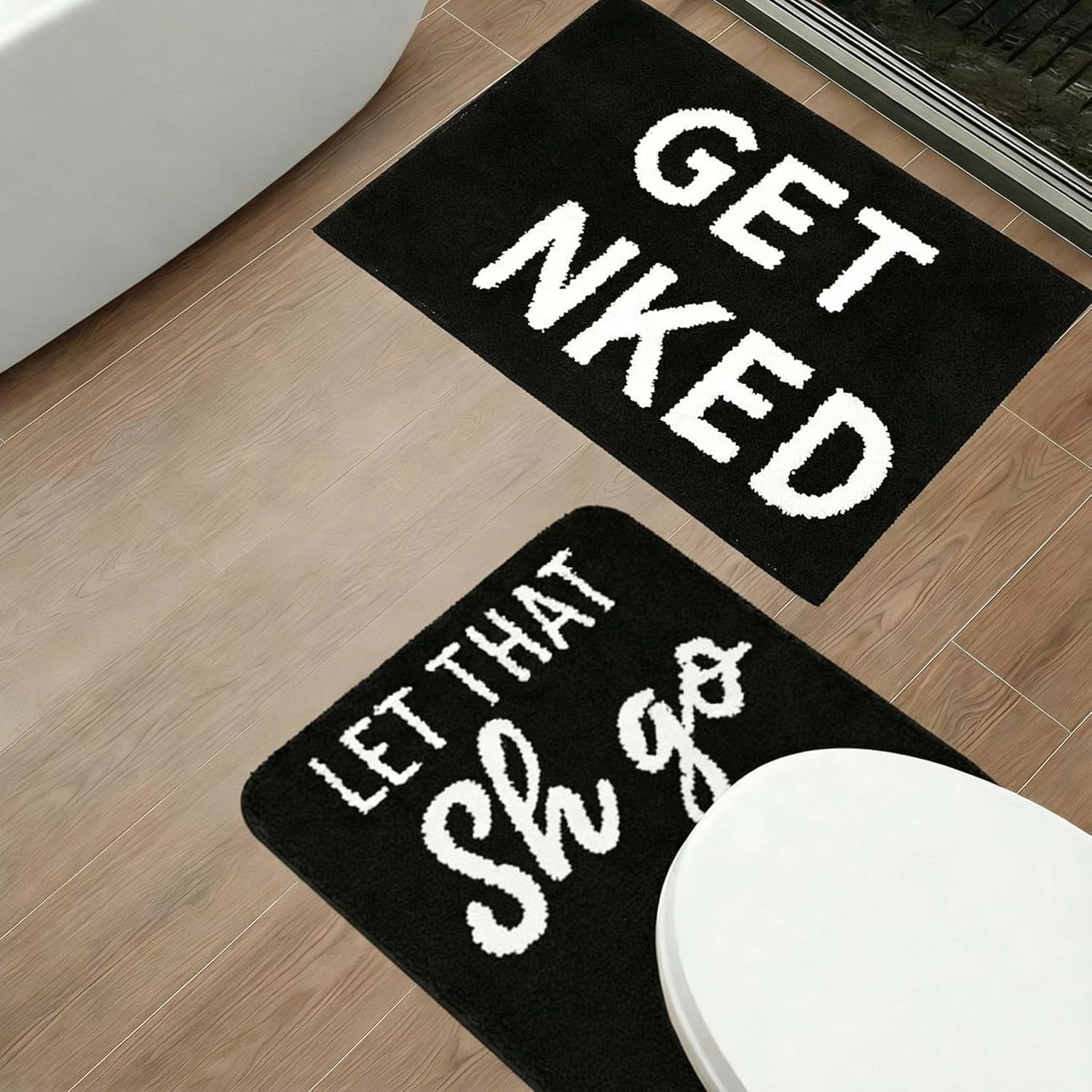Toilet Rug U Shaped Washable Soft and Absorbent Bathroom Rugs Non Slip Bath Mat Machine Wash Bathroom Contour Rug for Toilet Base, 24 x 20 Inch(Two Styles of White Text)