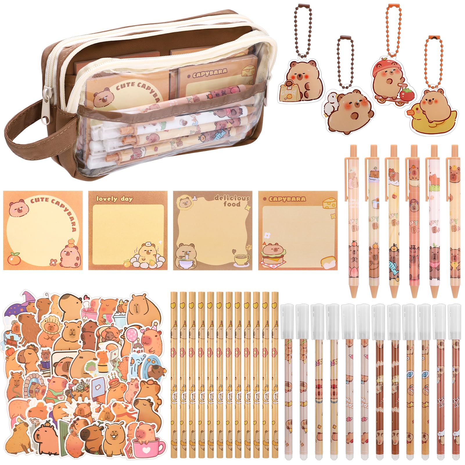 Candcamp 89PCS Capybara Stationery Set, Large Capacity Pencil Case with Keychains, Stickers, HB Pencils, Sticky Notes, Ballpoint Pens Cute Capybara Gifts for Kids Students School Office Home