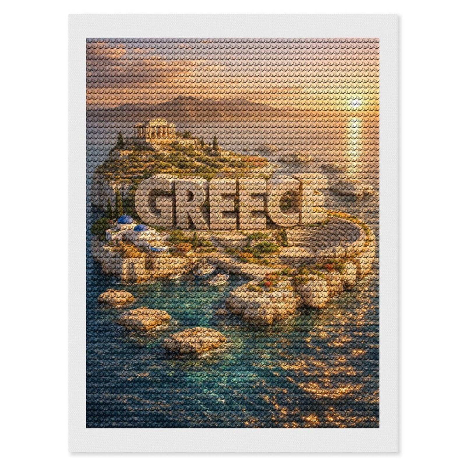 Junmoney Greece Island with Ancient Ruins Diamond Painting Kit 12"x16", for Women, Simple to Start, Bedroom Decor, Christmas Gift, Good for Quiet Evenings