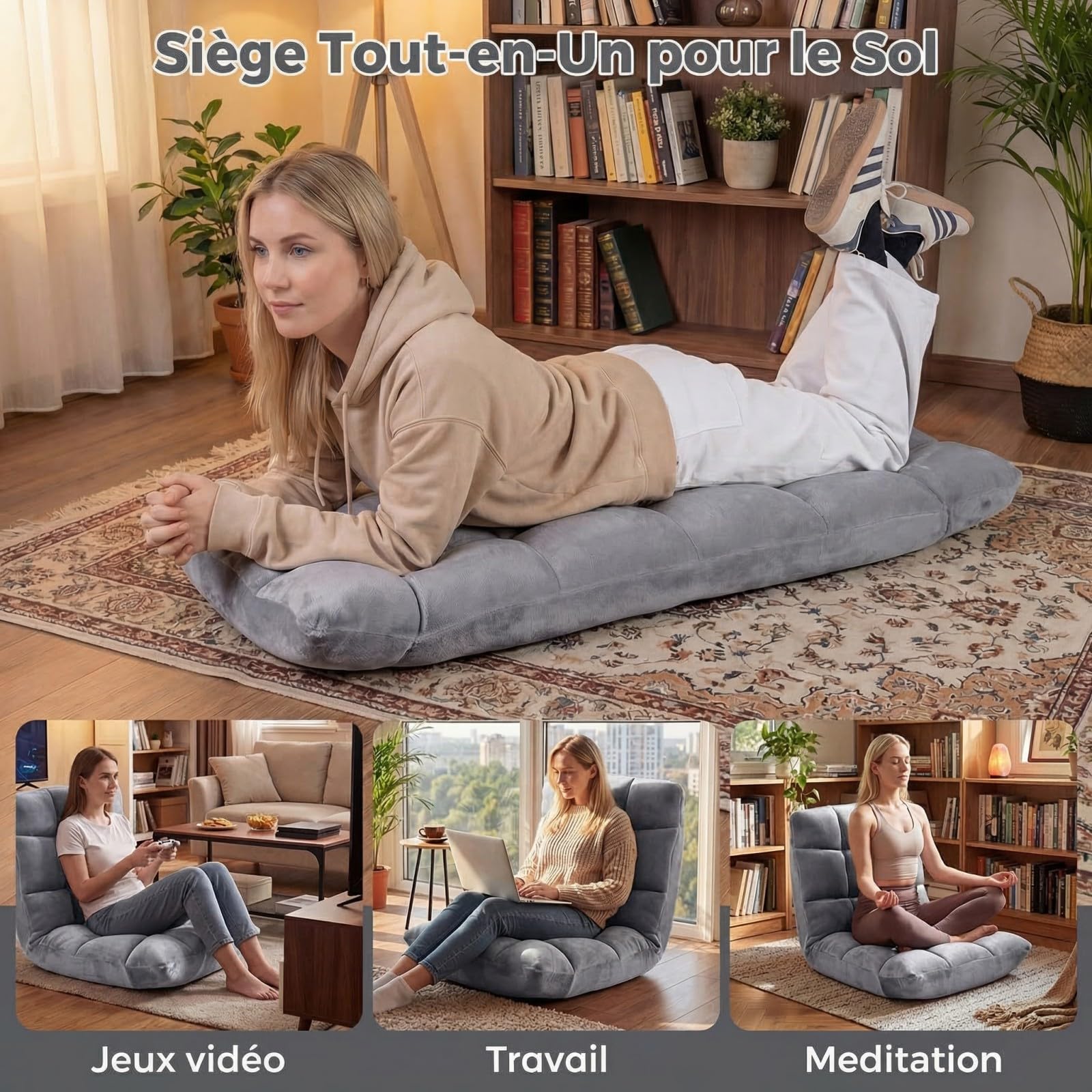 SOARS Fauteuil de Sol Pliable, Chaise de Méditation Canapé Paresseux Convertible avec Dossier Réglable 14 Positions, Mousse Haute Densité, en Velours Coral pour Lecture, Salon (Gris)