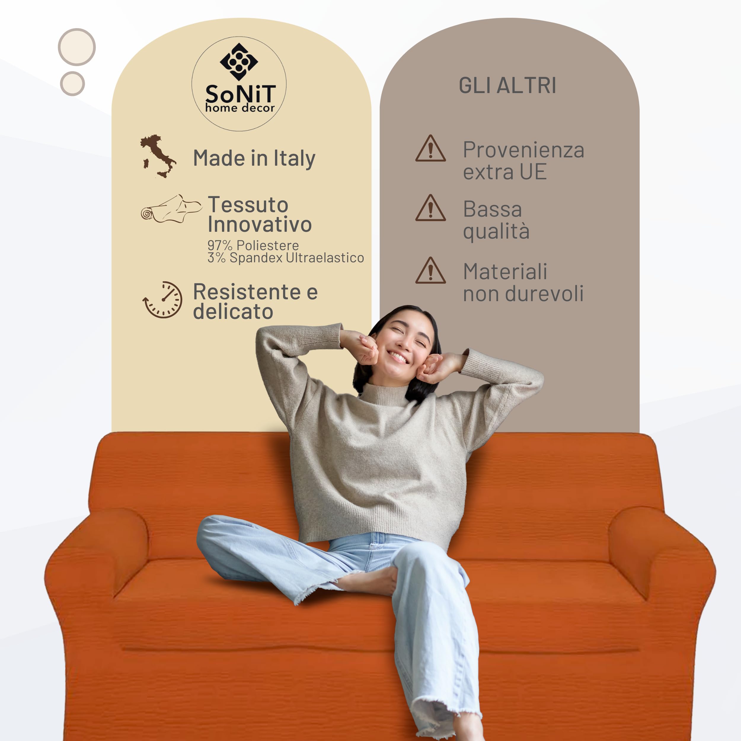Sonit – Sofabezug für 3-Sitzer mit Armlehnen – elastischer Sofabezug für 3-Sitzer-Sofa – Universalbezug mit Armlehnen – Sofabezug für 3 -Sitzer-Sofa mit elastischen Armlehnen, hergestellt in Italien