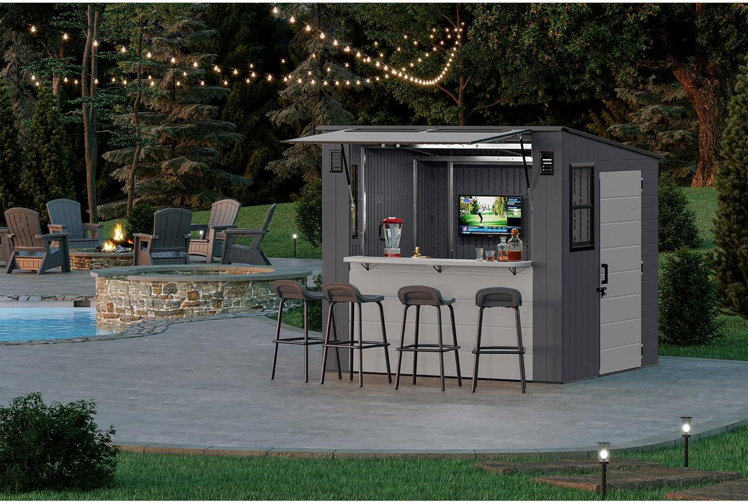 Suncast Cabana Entertainment Shed with its side door open, revealing interior storage space.