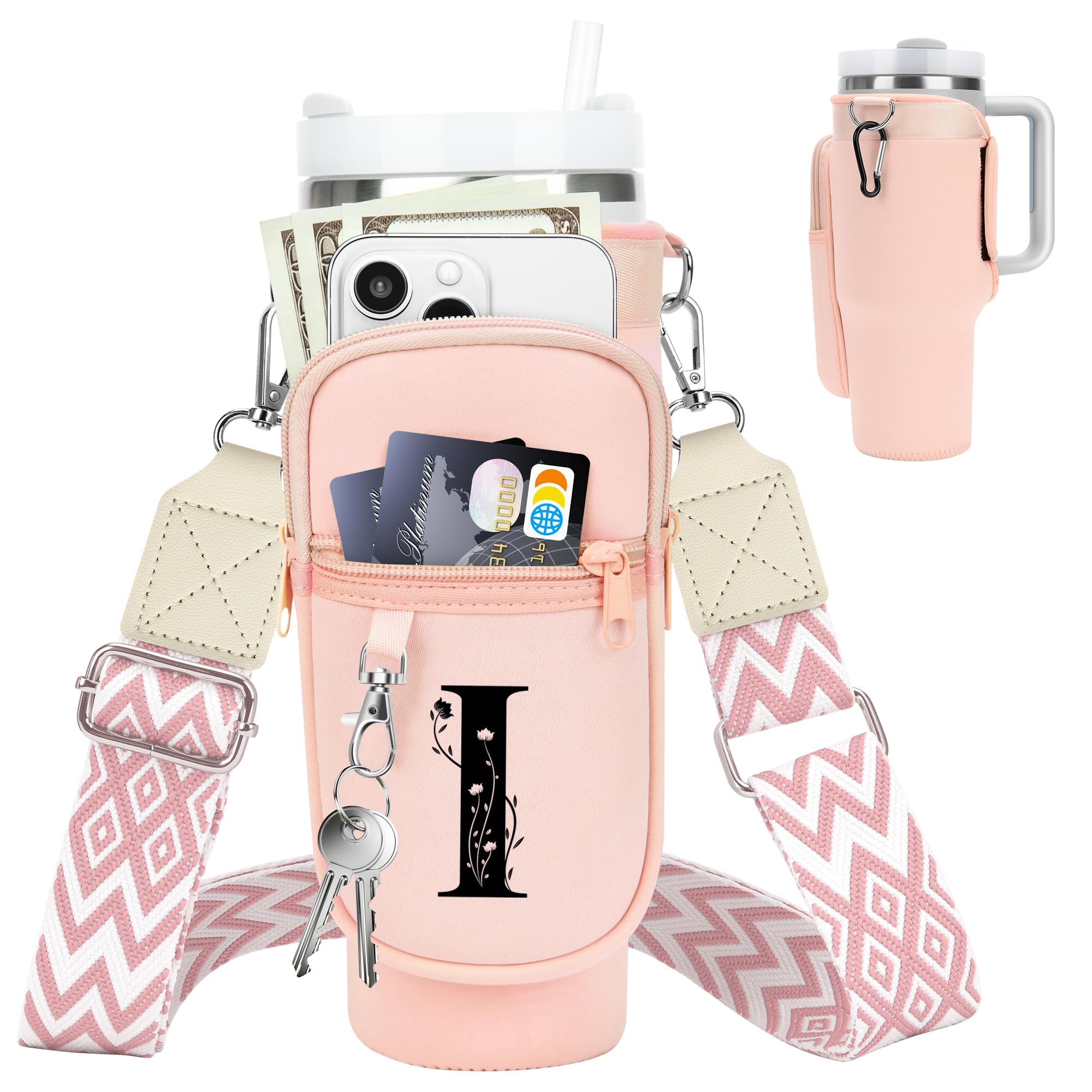 Initial Water Bottle Holder with Strap for Stanley Cup 40 oz Tumbler