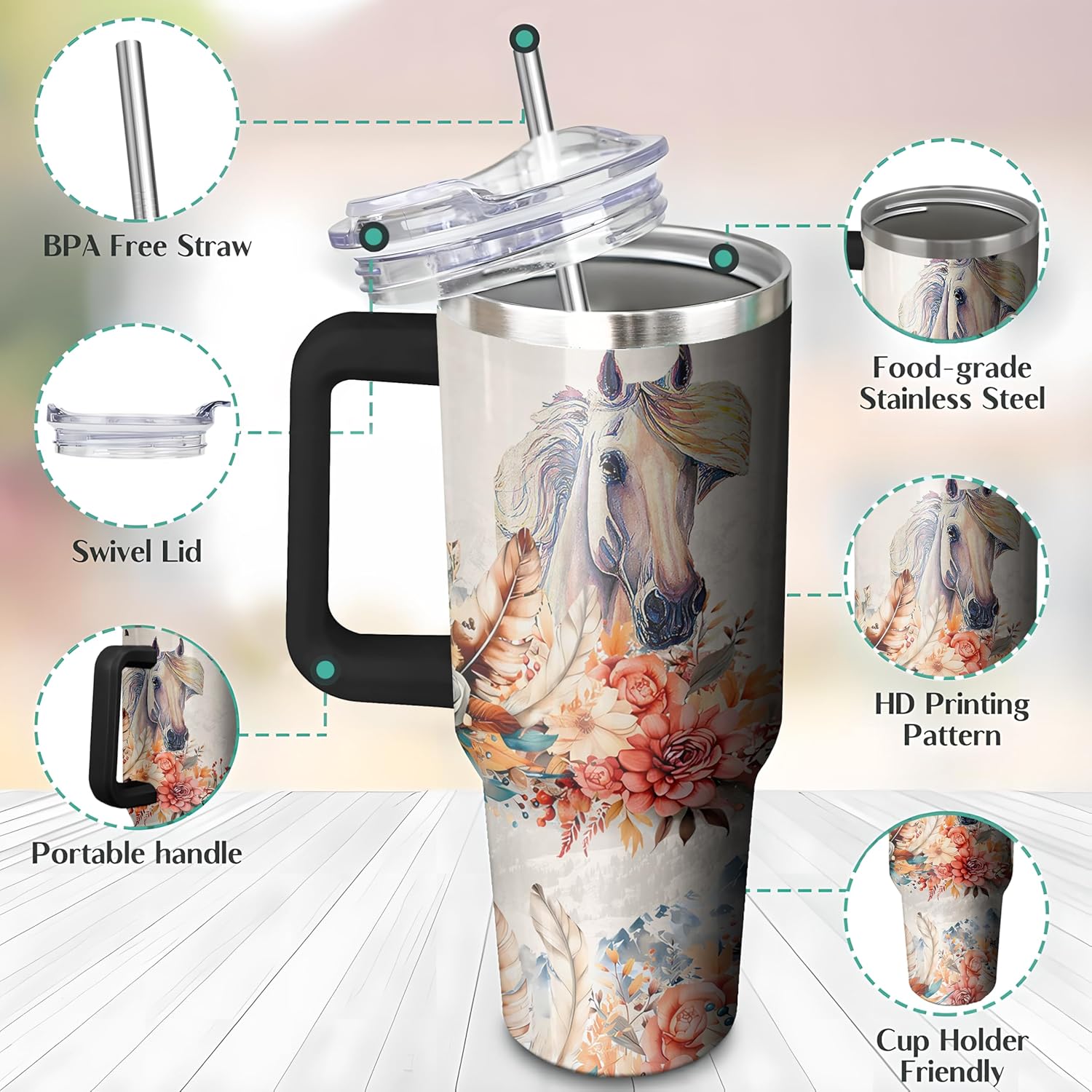 40 Oz Horse Tumbler with Handle and Straw, Double Wall Stainless Steel Horse Cup, Horses Coffee Mug Keeps Drinks Cold & Hot Gifts for Women Mom Friends for Birthday, Chrismas, Thanksgiving - Image 3