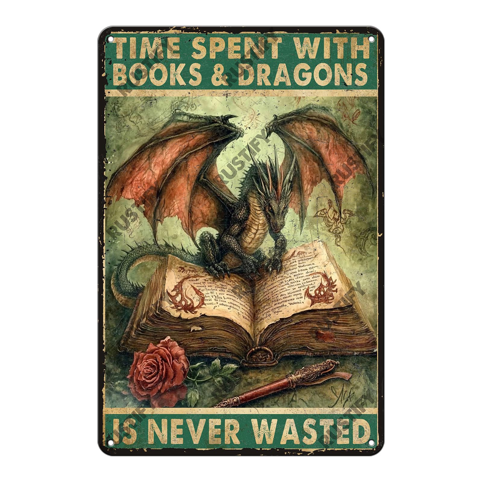 Anceky Retro Tin Sign Time Spent With Books And Dragons Is Never Wasted Metal Sign Wall Decor for Kitchen Home Bar Cafe Garage 12×16 Inch