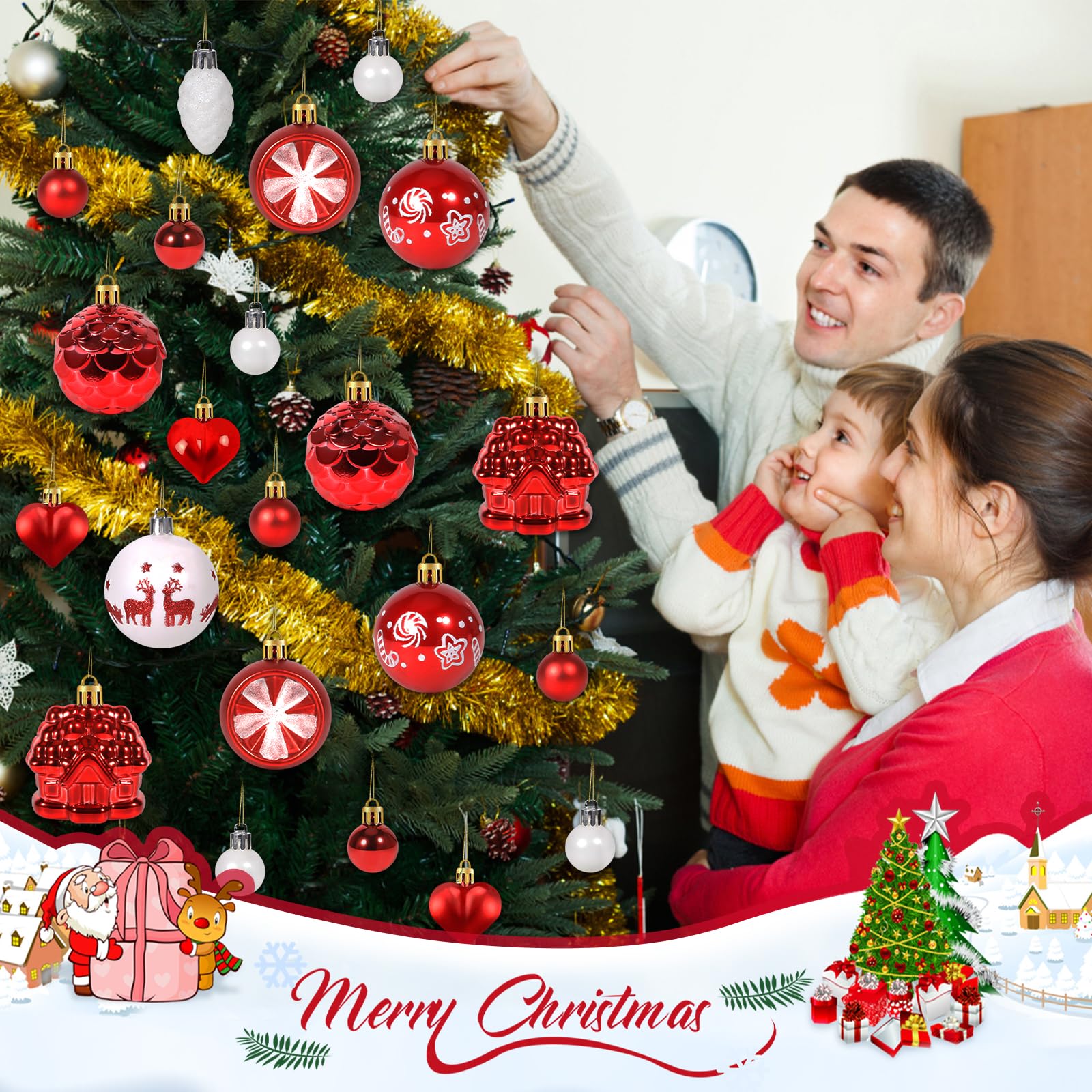 ZZXLOPEZ Palline di Natale, 42 pz Ornamenti di Palla di Natale, Decorazioni Albero di Natale, Palline Decorative Rosso e Bianco Con Cima dell'albero Decorazioni per Alberi di Natale, Nozze, Partito