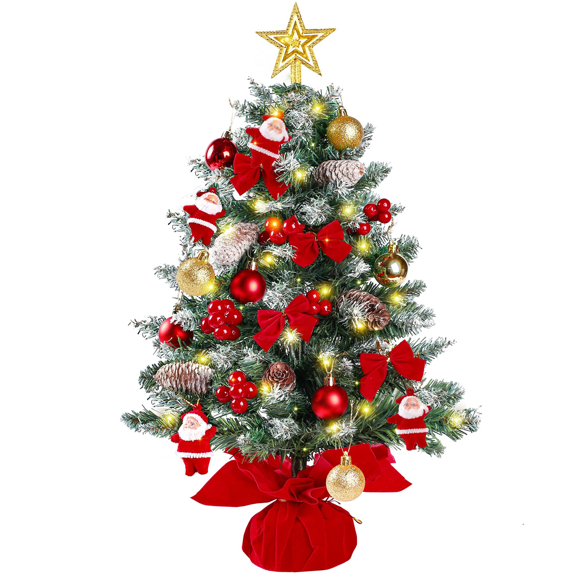 Sggvecsy 23.6’’ Mini Snow Frosted Christmas Tree Table Top Lighted Artificial Xmas Tree Star Treetop Pine Cones Red Bows Balls Santa Clause Red Berries Hanging Ornaments DIY Holiday Indoor Decorations