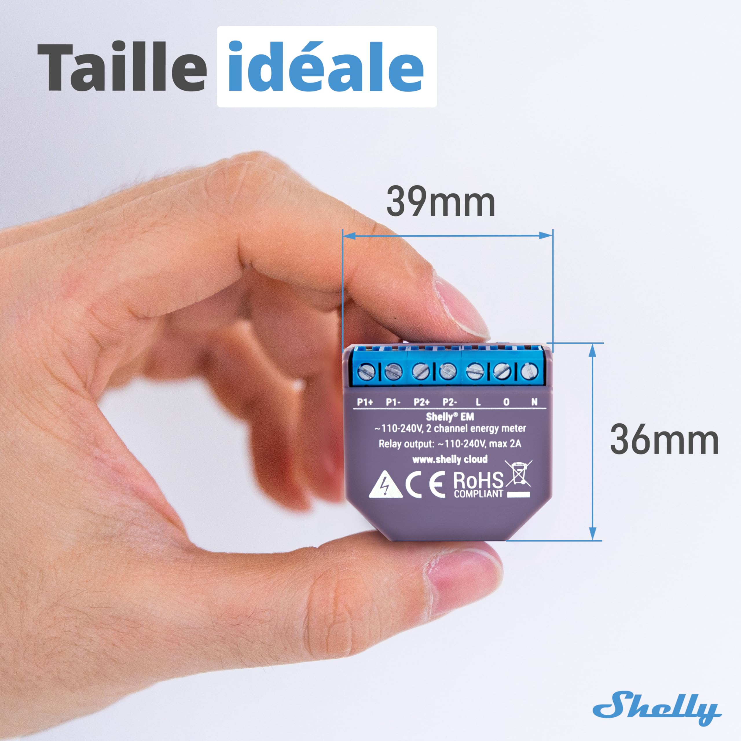 Shelly EM - Module Compteur d'énergie intelligent Wi-Fi, 2 canaux (120A), Domotique, Haute précision, Mesure production photovoltaïque, Compatible avec Alexa et Google Home, App iOS Android