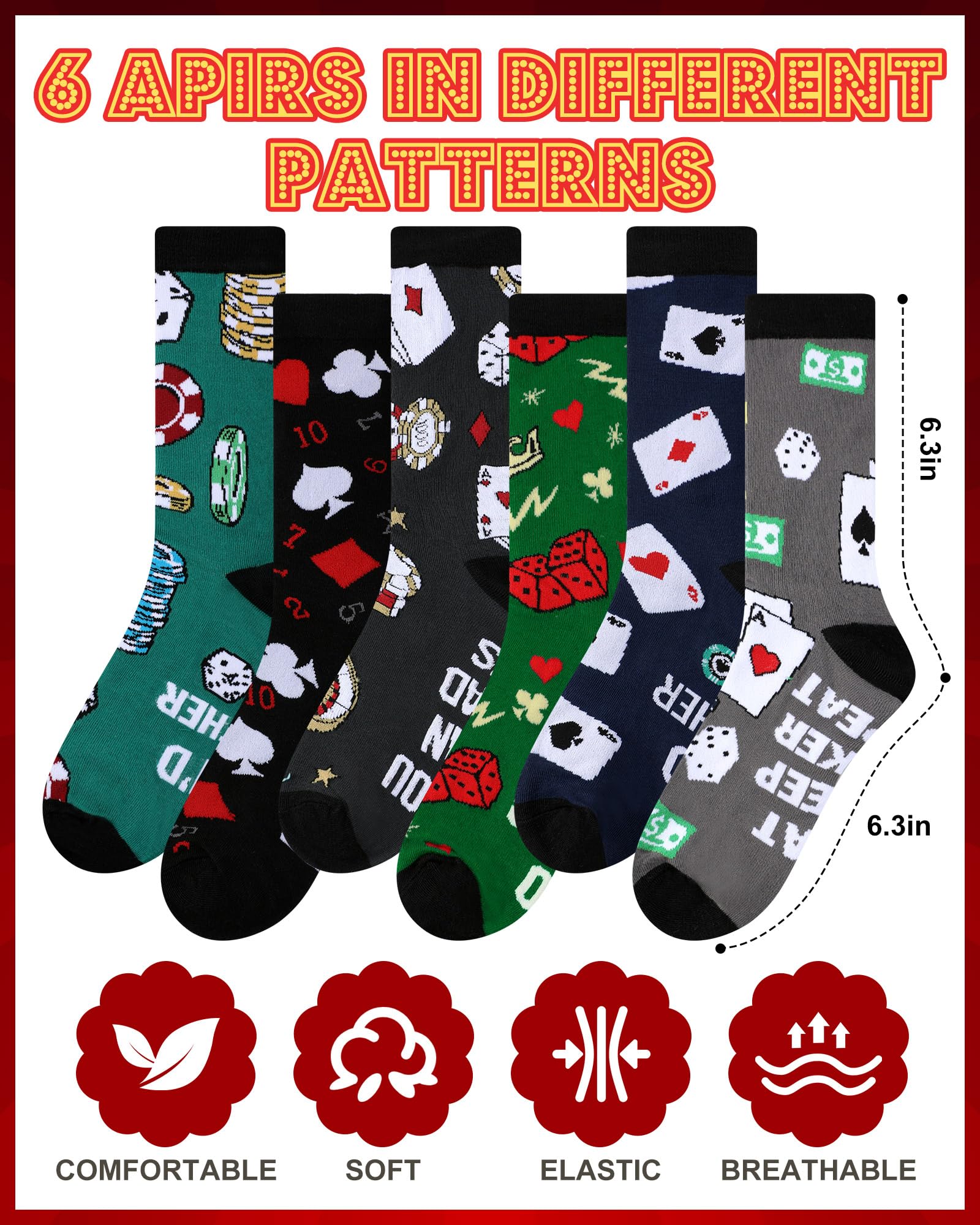 Eurzom 6 Pairs Funny Casino Crew Socks for Men Women Novelty Poker Dice Pattern Sock Mom Father Birthday Gift Casino Lover