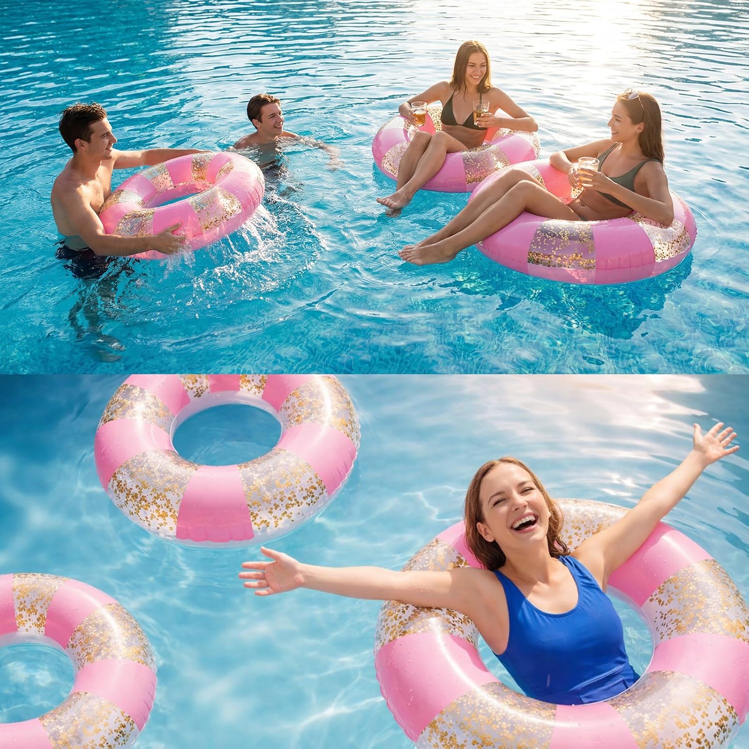 Jexine 6 Pcs Inflatable Pool Float Tube 30 Inch Swimming Ring Inflatable Tube Pool Float Swim Floaties Funny Water Floats Toys for Adults Beach Party Supplies(Glitter,Pink)