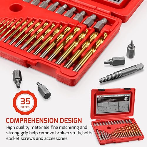 Miniatura 5 de YESKING Juego de 35 extractores de tornillos y brocas, extractores de múltiples estrías, extractores de pernos, brocas y extractor de tornillo en